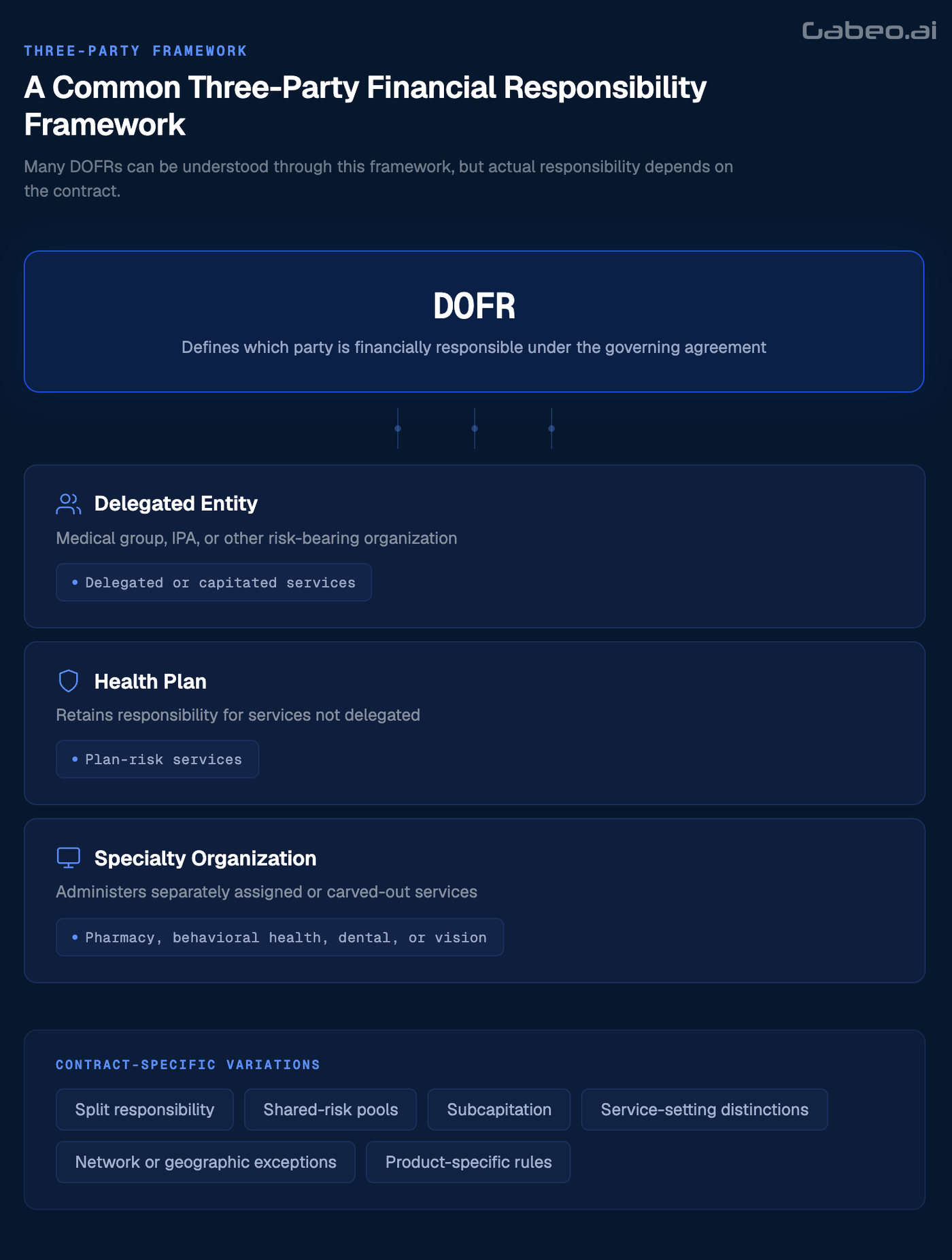 Diagram showing a common DOFR framework connecting a delegated entity, health plan, and specialty organization, with contract-specific variations such as split responsibility, subcapitation, and shared risk.