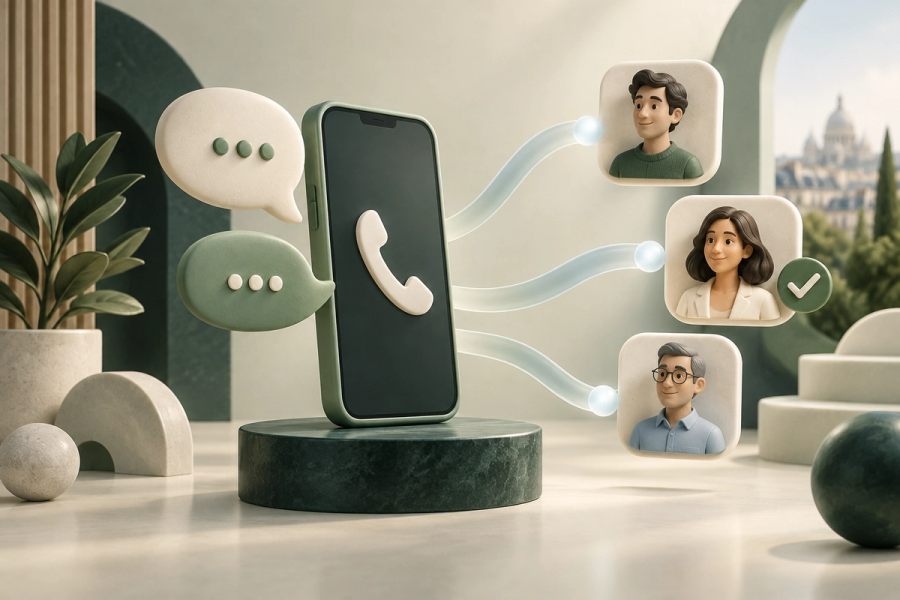 Un téléphone relié à trois profils de prospects illustre les appels entrants qualifiés.