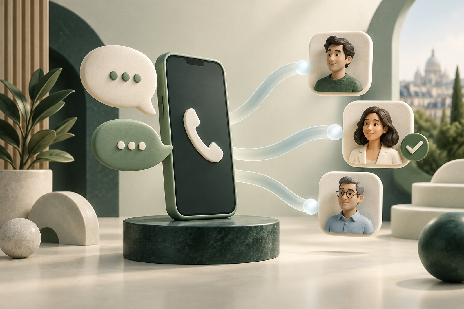 Un téléphone relié à trois profils de prospects illustre les appels entrants qualifiés.