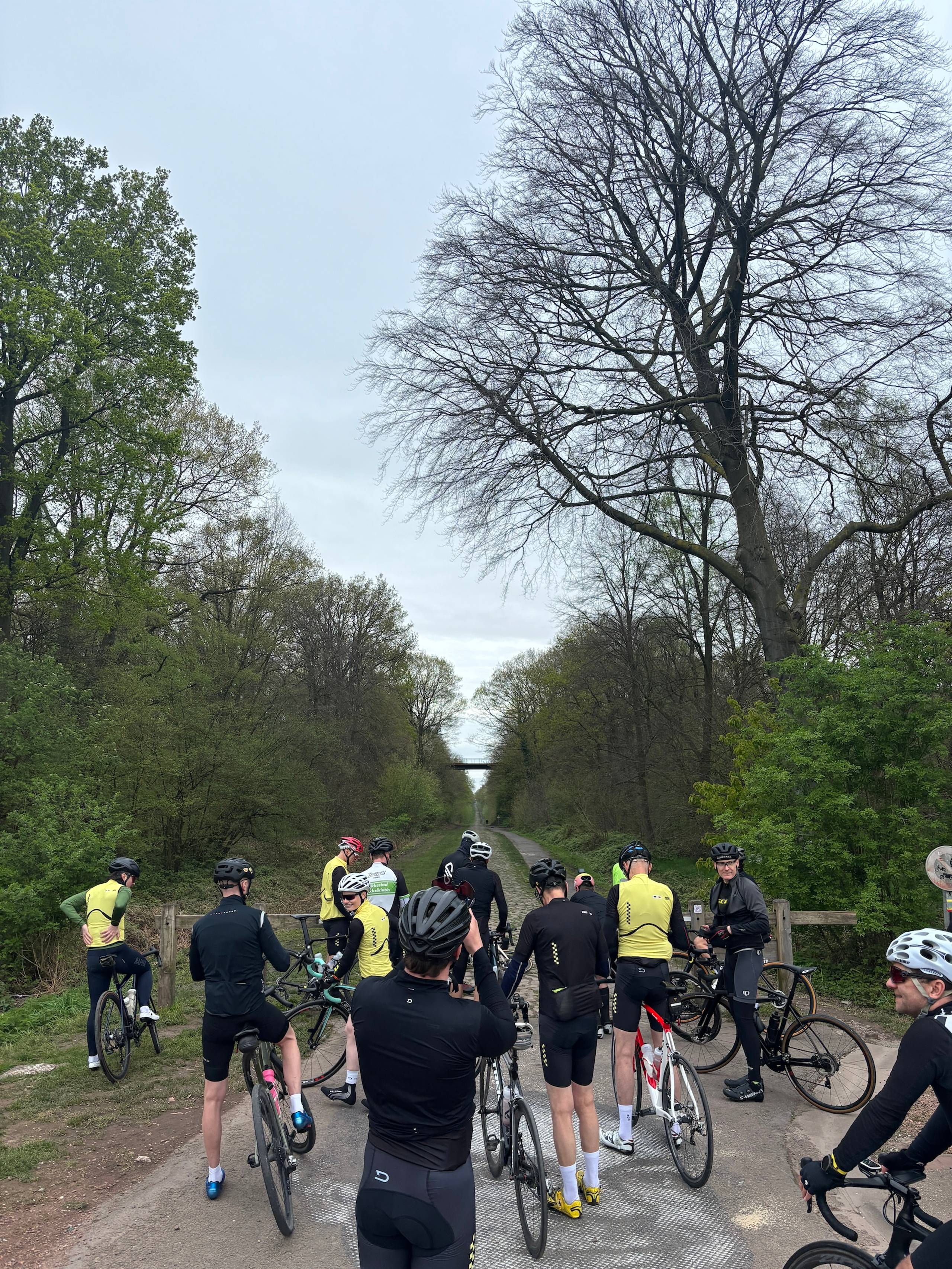 En stor sykkelgjeng som står ved inngangen til Arenberg-skogen før de skal sykle igjennom med Epeak