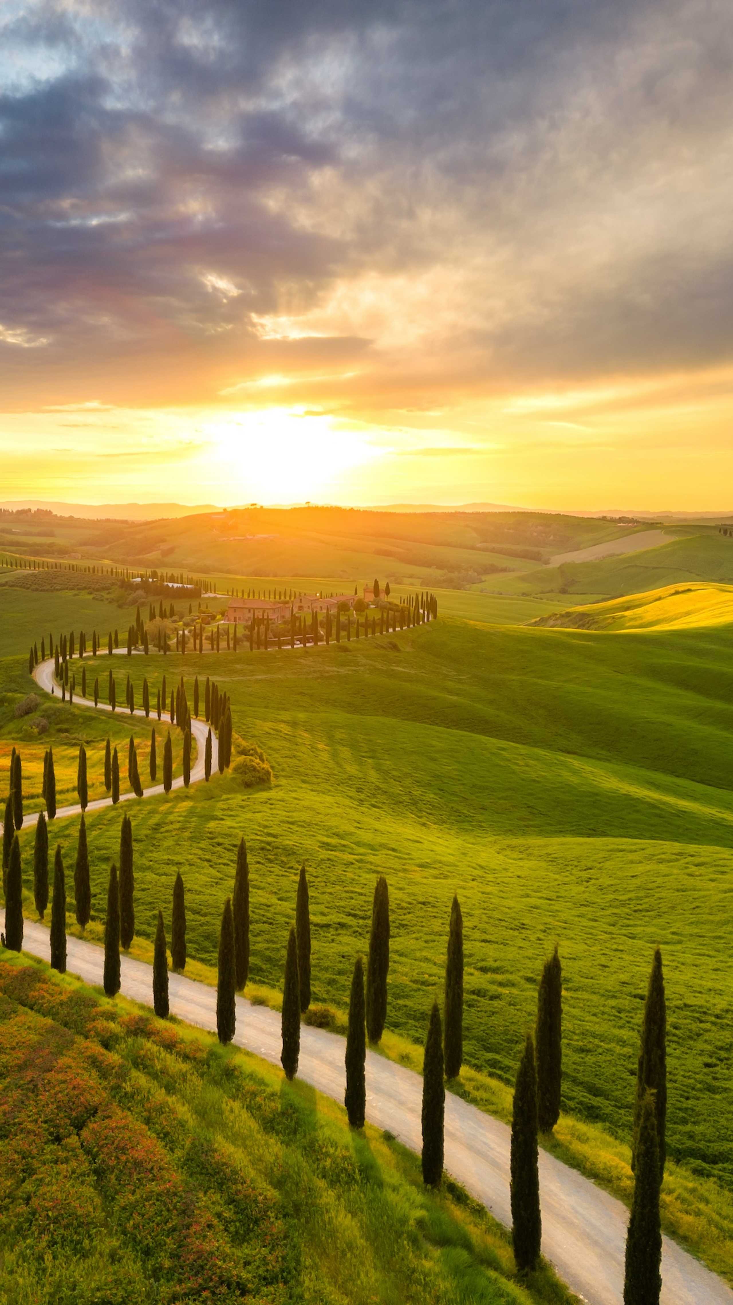 Solnedgang over de bølgende åsene i Toscana, Italia, med cypresser som linjer en grusvei gjennom landskapet.