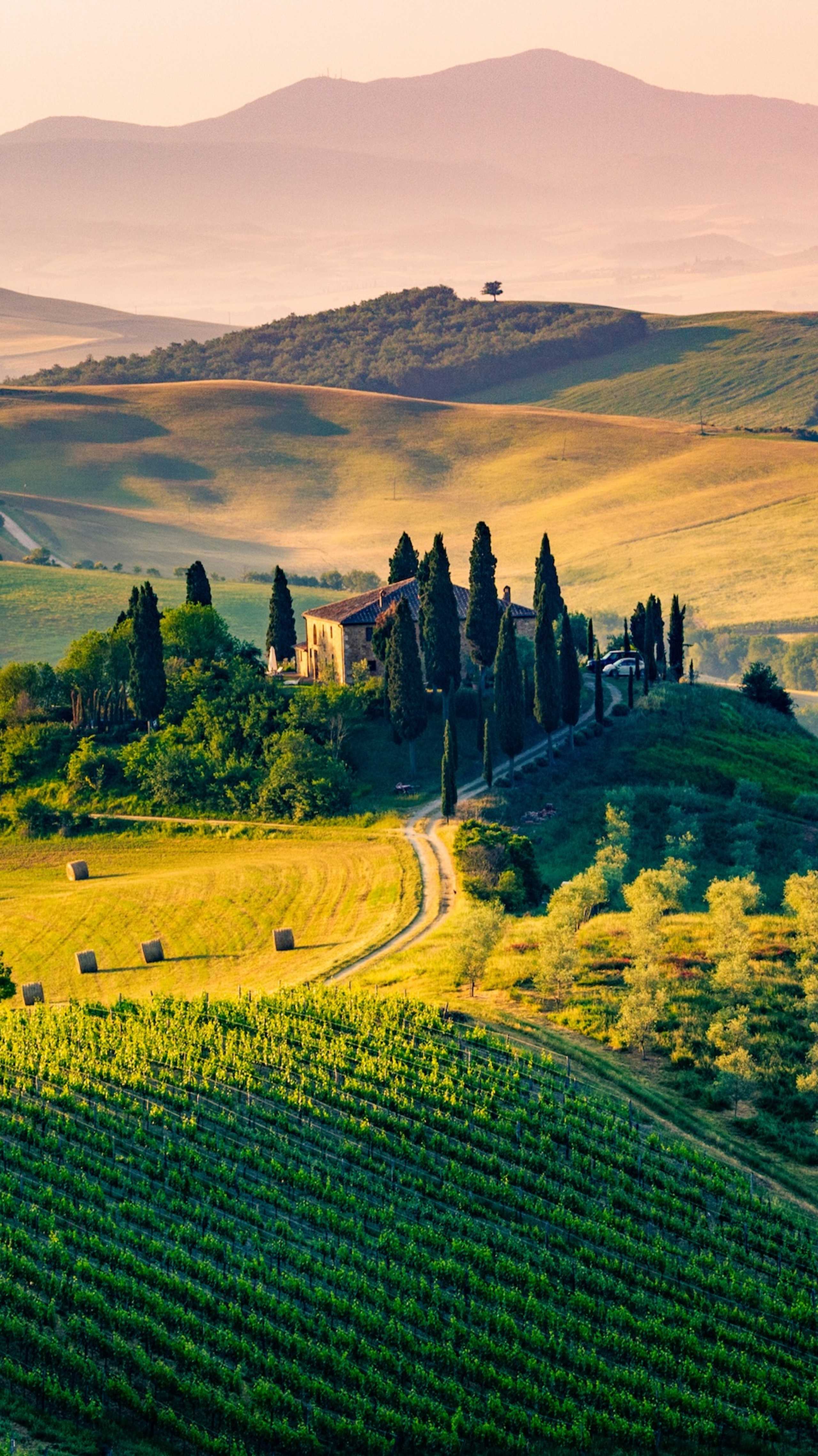 Magiske Val d’Orcia i Toscana, Italia, med bølgende åser, sypresser og gårder i solnedgangens glød.