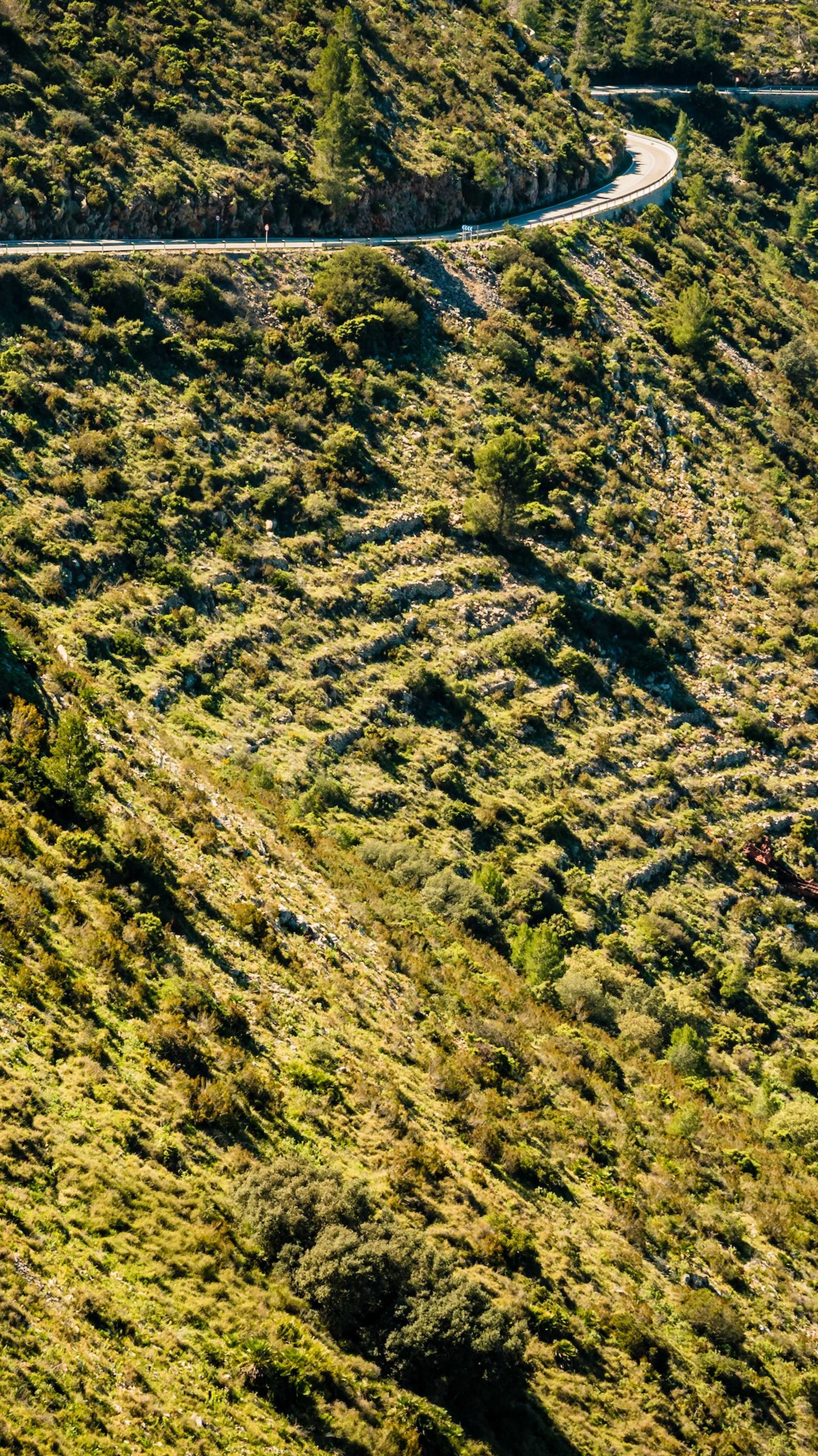Sykkelvei opp til Coll de Rates, Costa Blanca. Slyngende sykkelvei blant frodig landskap.
