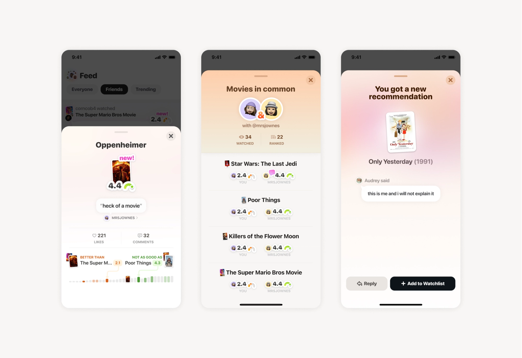 Some friend-focused features in Seen't include rich and detailed rankings, "movies in common", and personal recommendations from your friends.