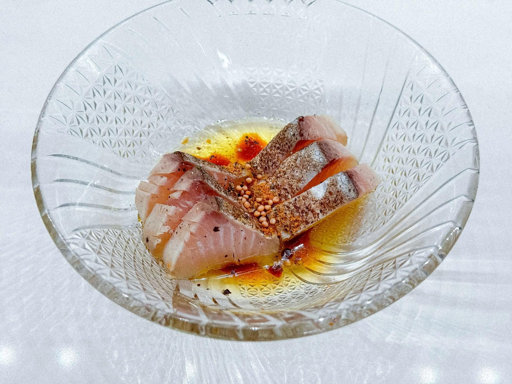 Mackerel, yuzu kosho, mustard seed, olive oil
