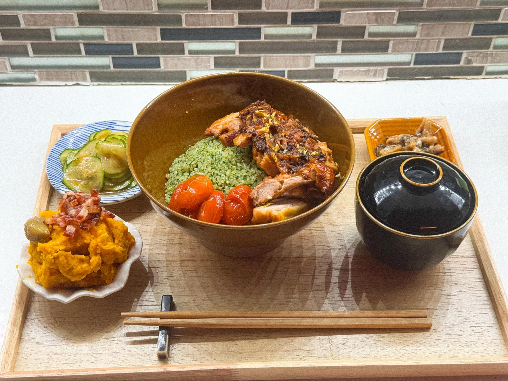 Chicken thighs and yuzu kosho pesto rice