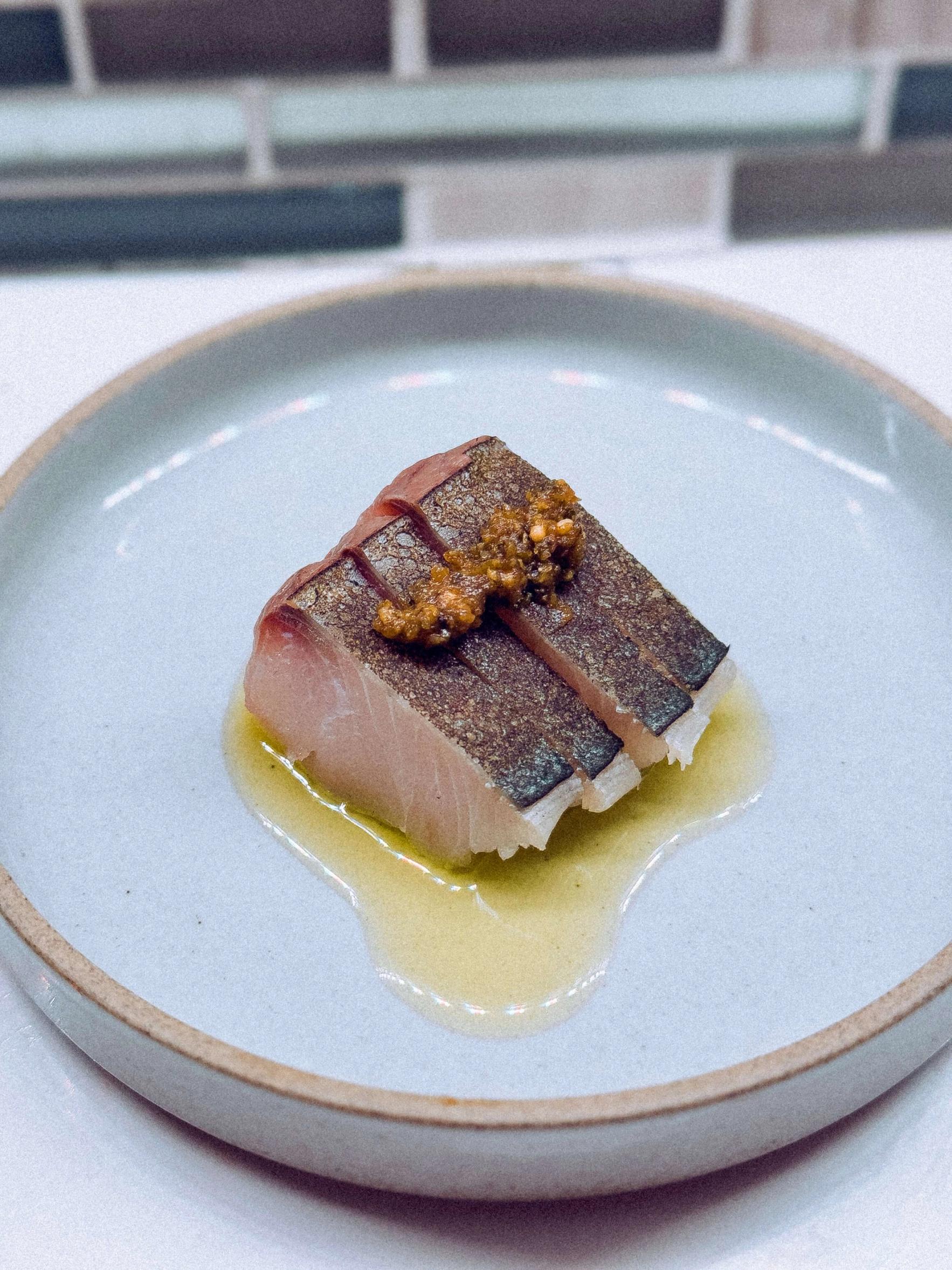 Mackerel, yuzu kosho, mustard seed, olive oil