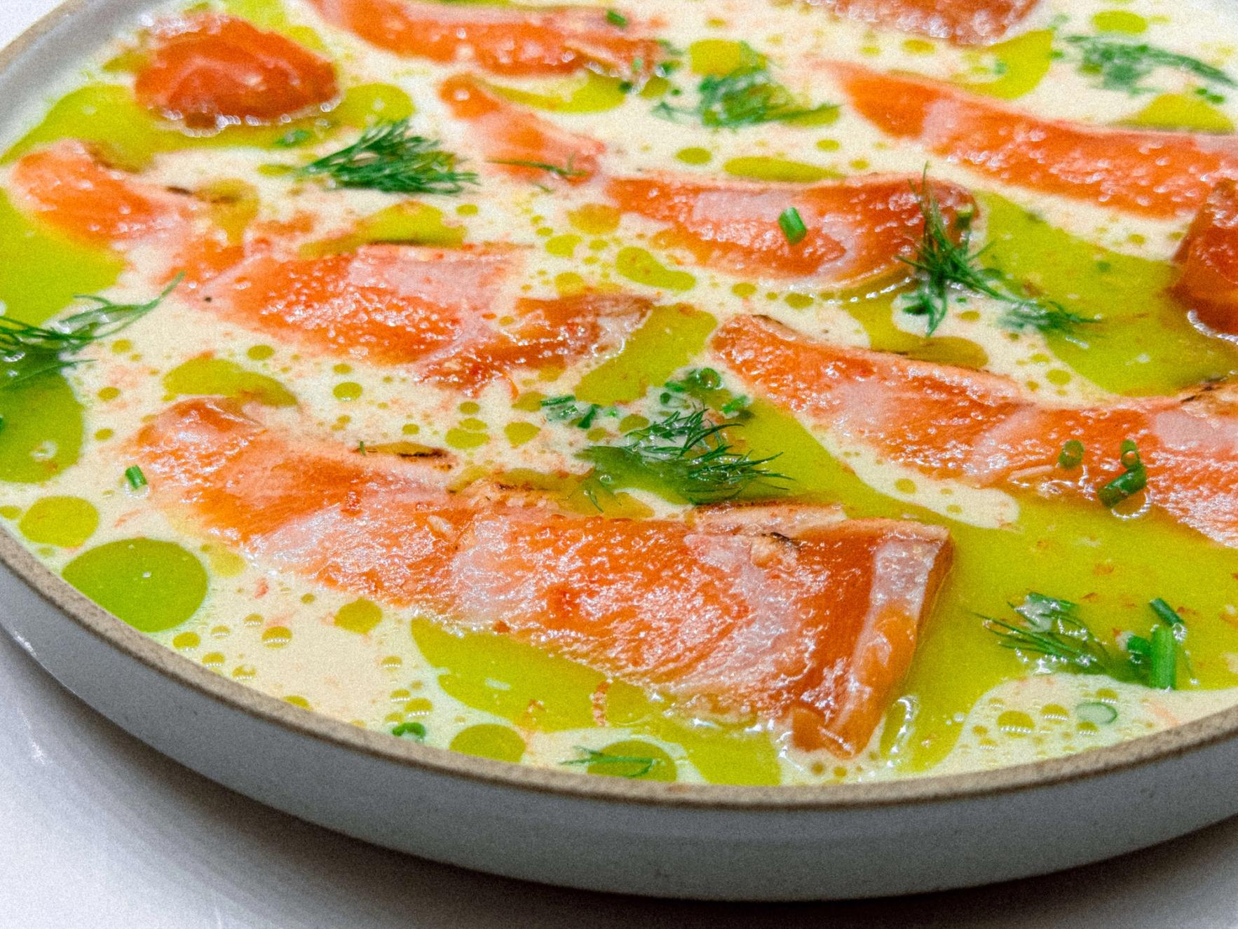 Salmon, leek sauce, cilantro oil