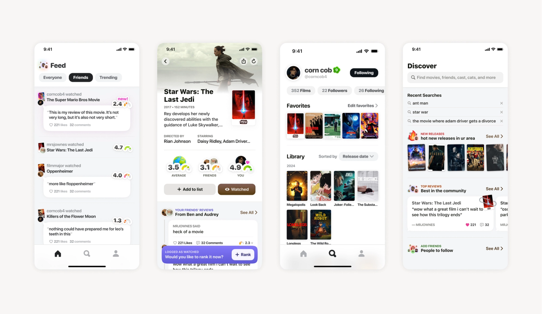 Core experience screens for Seent. Feed, movie page, profile, and discover page.