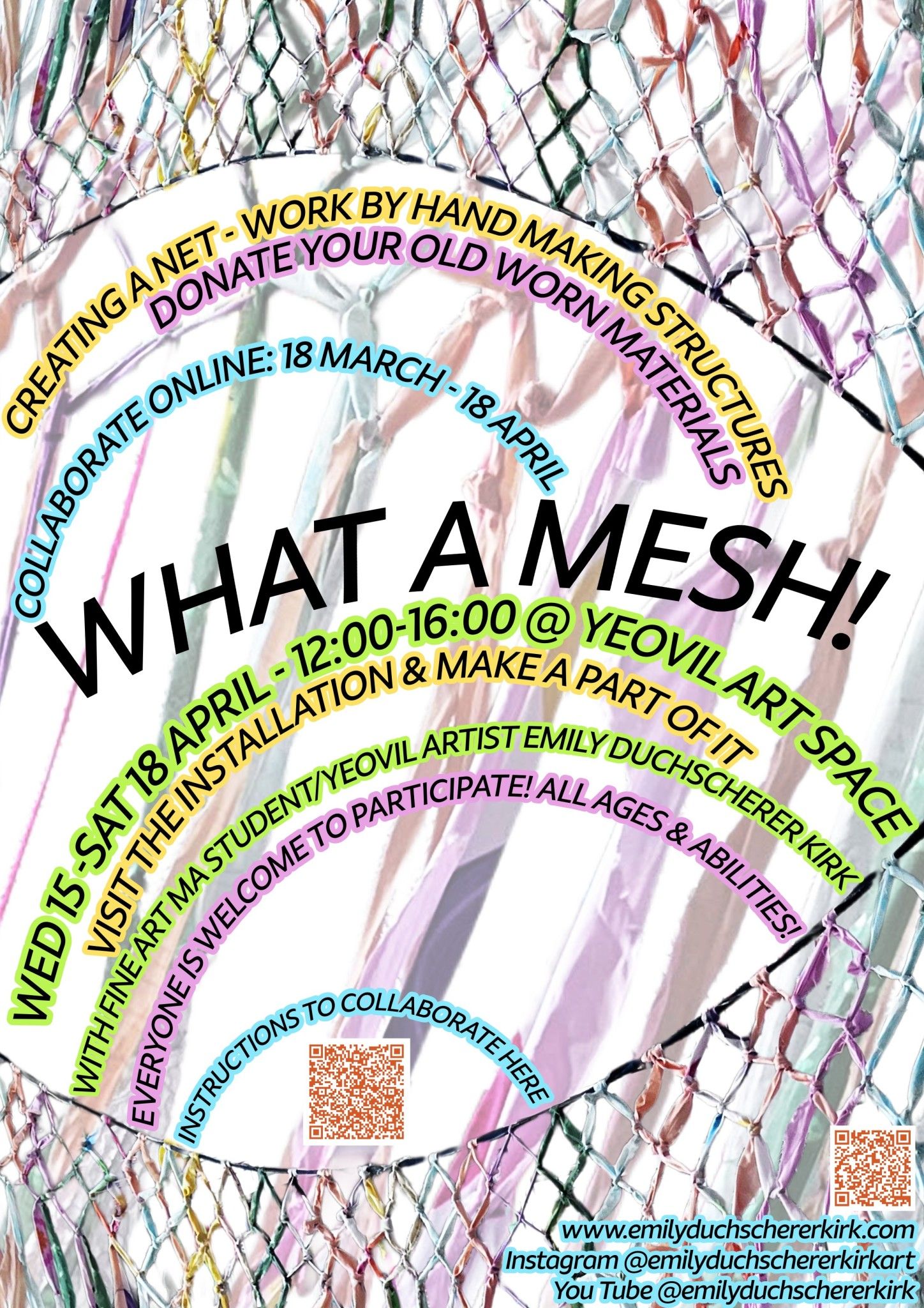 What a MESH! poster showing a net of tied fabric with bright pink, cyan, yellow and green lettering.