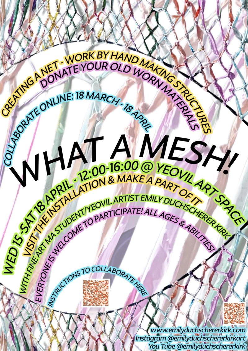What a MESH! poster showing a net of tied fabric with bright pink, cyan, yellow and green lettering.