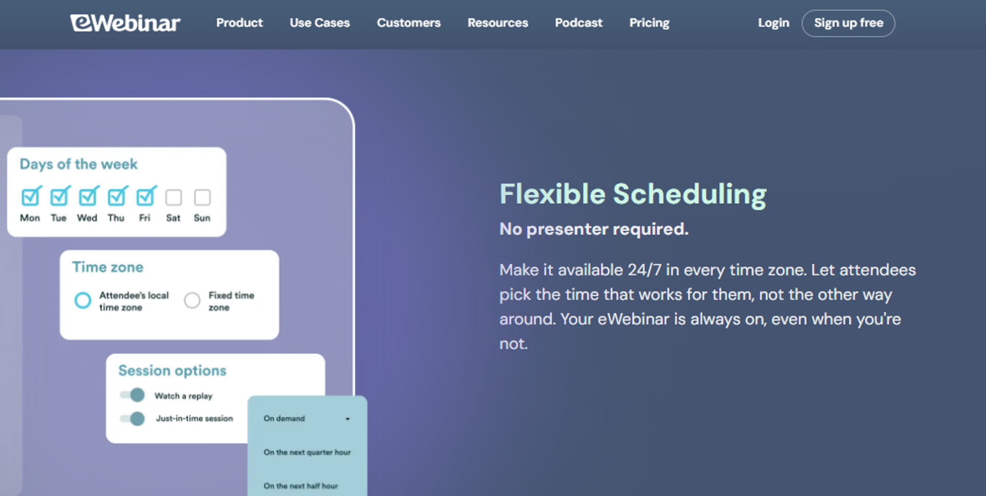 eWebinar flexible scheduling settings with attendee local time zone, just-in-time sessions, and on-demand replay options