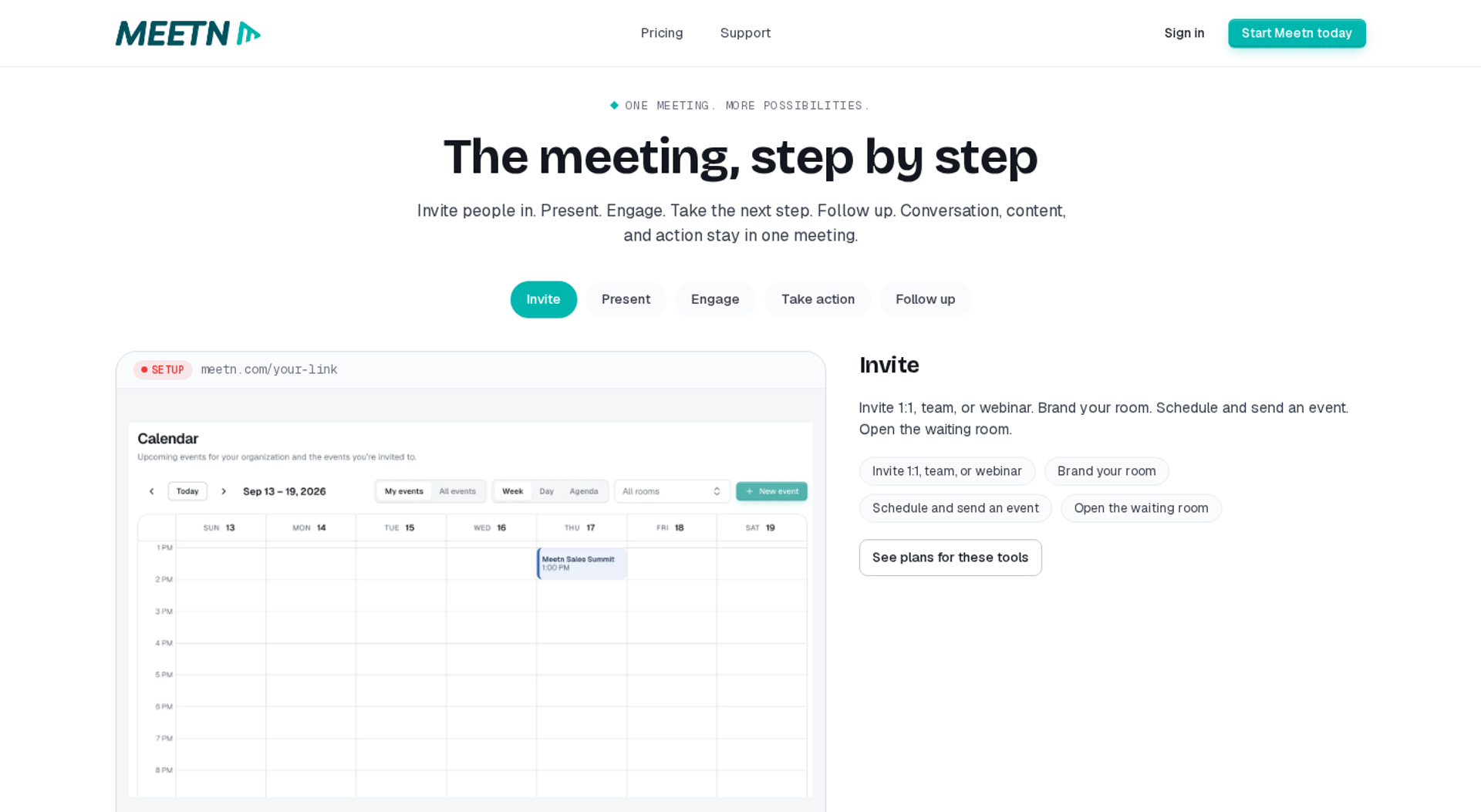 meetn page showing an event calendar beside invite options for webinars, scheduling, and waiting rooms