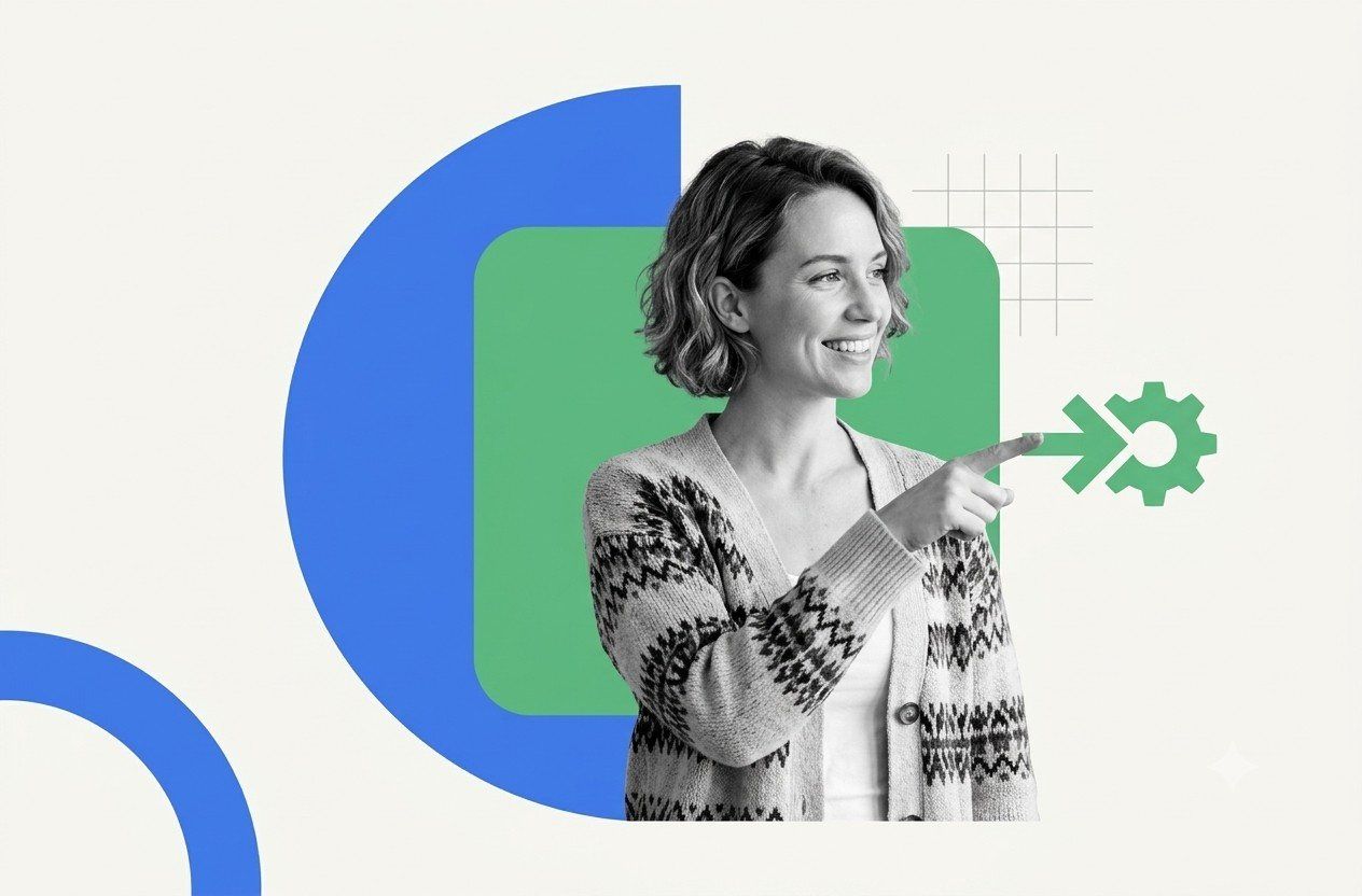 Teacher pointing at a gear and arrow icon beside blue and green shapes, signaling platform selection