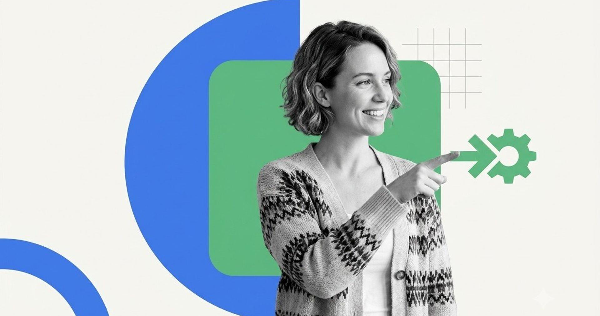 Teacher pointing at a gear and arrow icon beside blue and green shapes, signaling platform selection