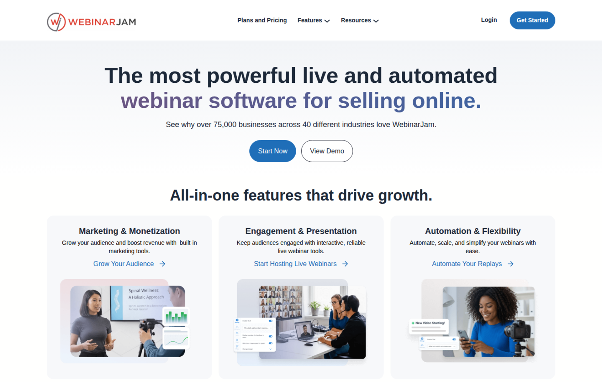 WebinarJam home page headline about live and automated webinars above three feature cards with webinar images