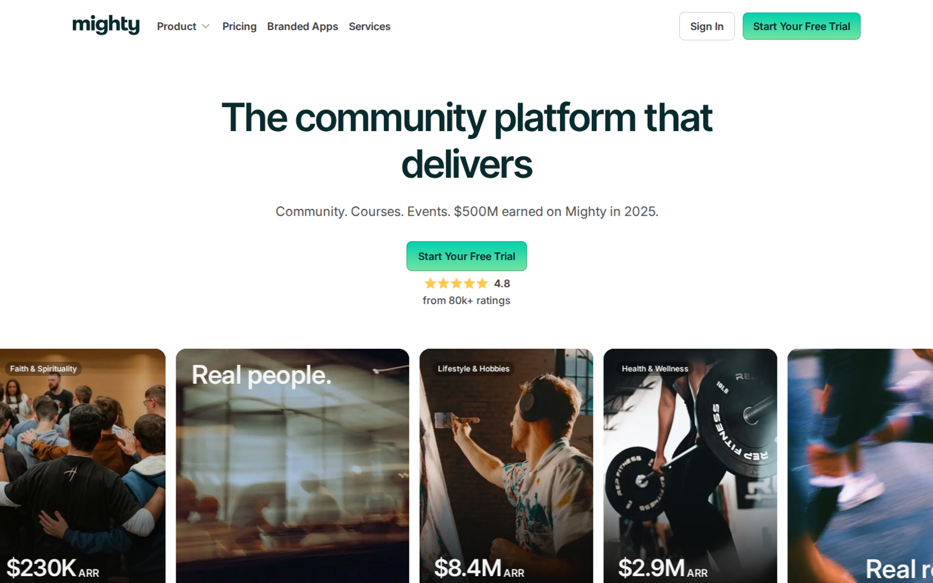 Mighty Networks homepage headline with community cards showing annual recurring revenue figures