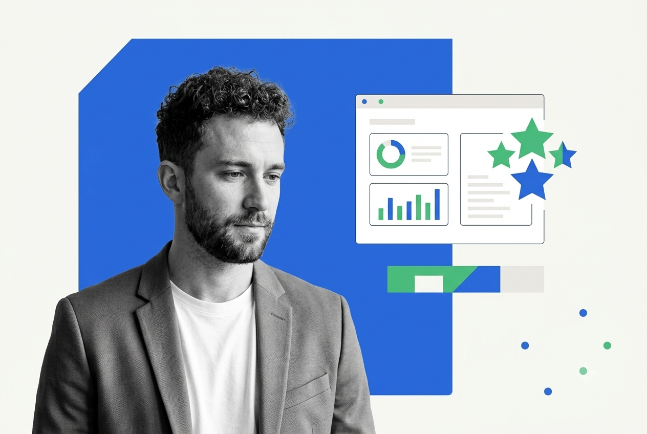 Marketing professional beside a webinar analytics dashboard with star ratings, reflecting Demio webinar reviews