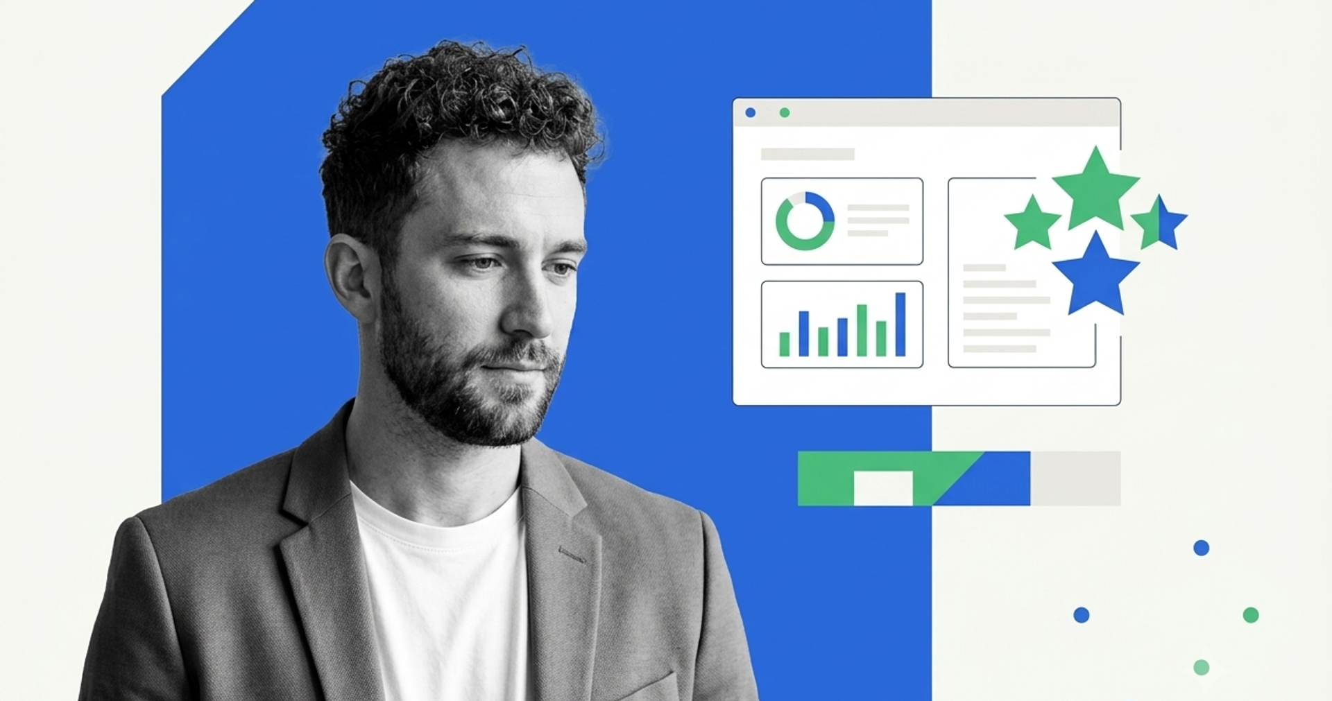 Marketing professional beside a webinar analytics dashboard with star ratings, reflecting Demio webinar reviews