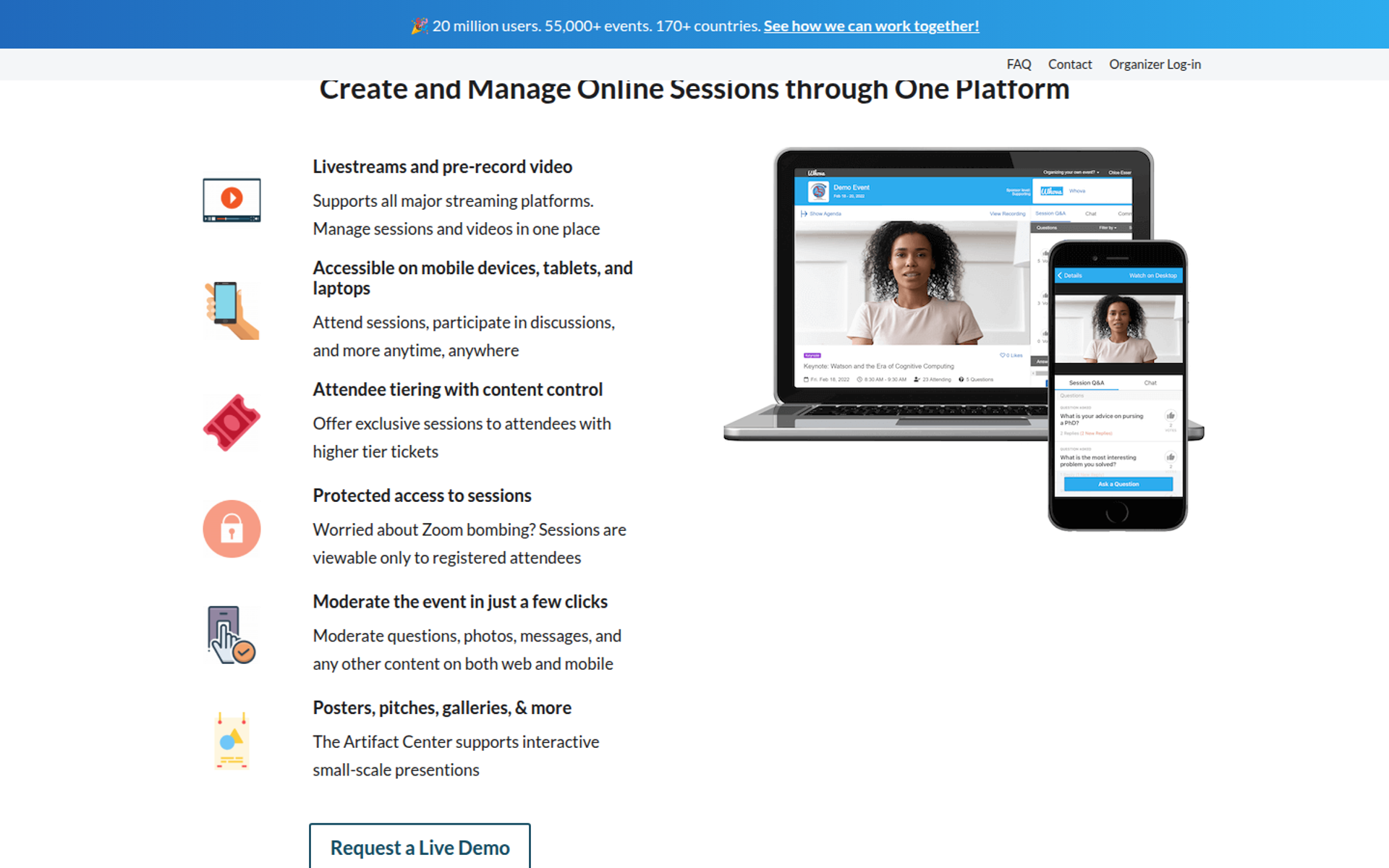 Whova virtual conference page listing session features beside a laptop and phone showing a livestream with Q&A