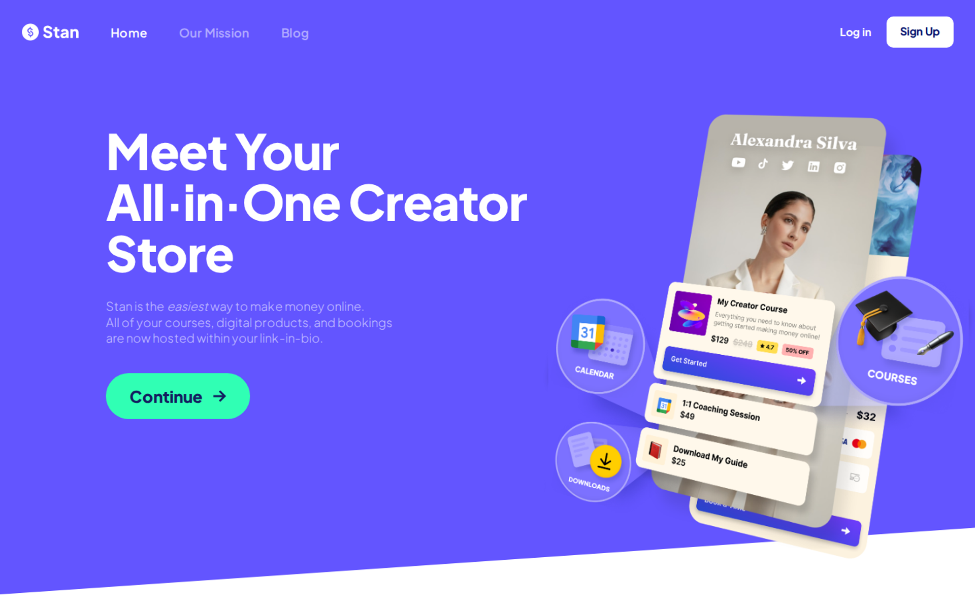 Stan Store homepage headline beside a mobile link-in-bio store selling a course, coaching session, and guide