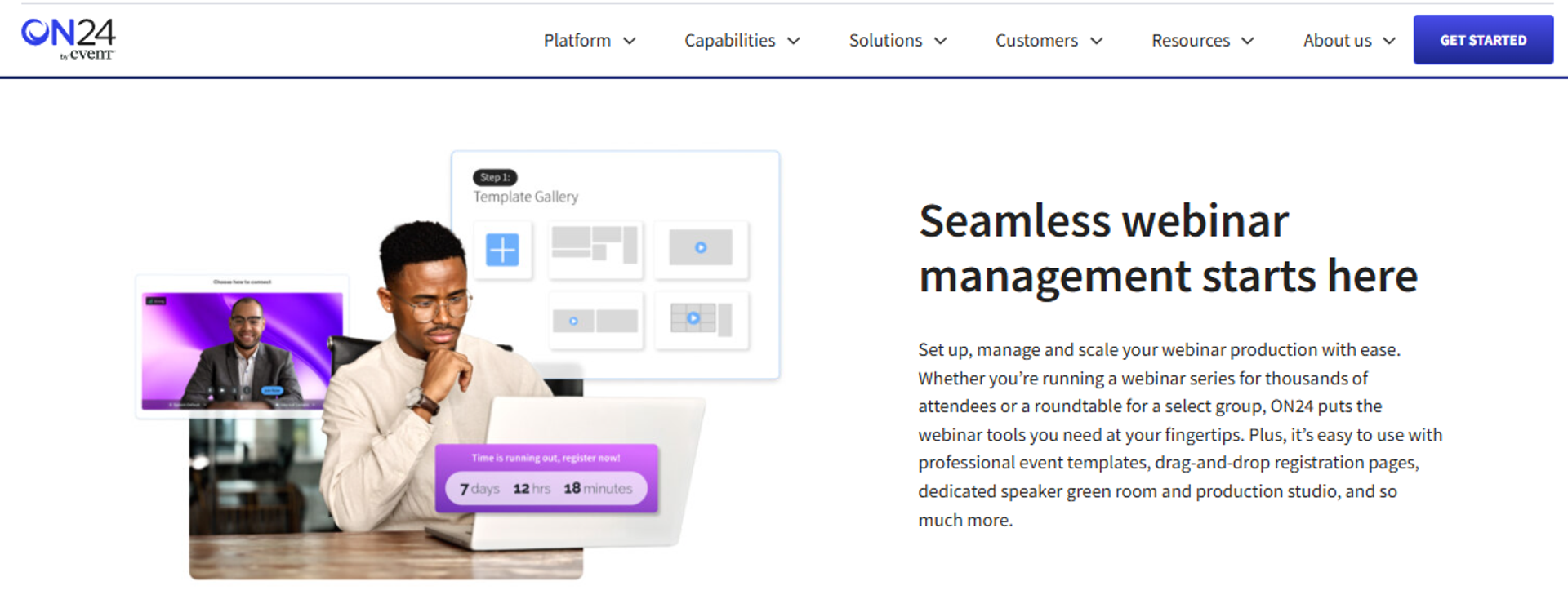 ON24 webinar management screen showing template gallery, drag-and-drop registration page and countdown timer