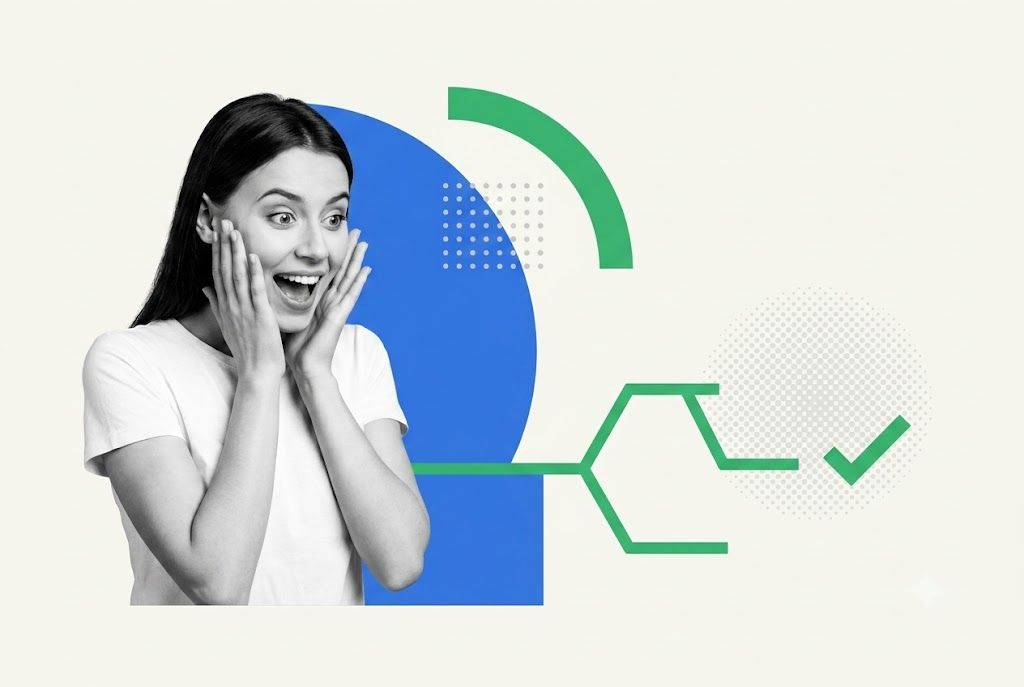 Surprised woman beside a branching decision path ending in a green checkmark, illustrating the EverWebinar alternatives choice