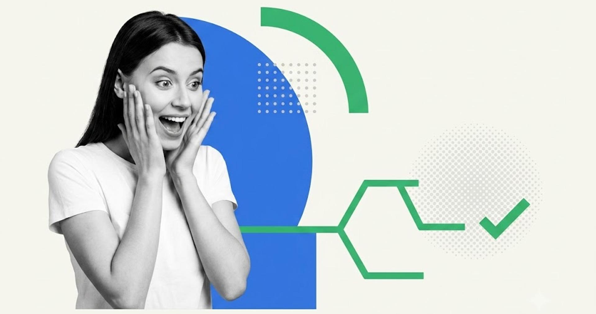 Surprised woman beside a branching decision path ending in a green checkmark, illustrating the EverWebinar alternatives choice
