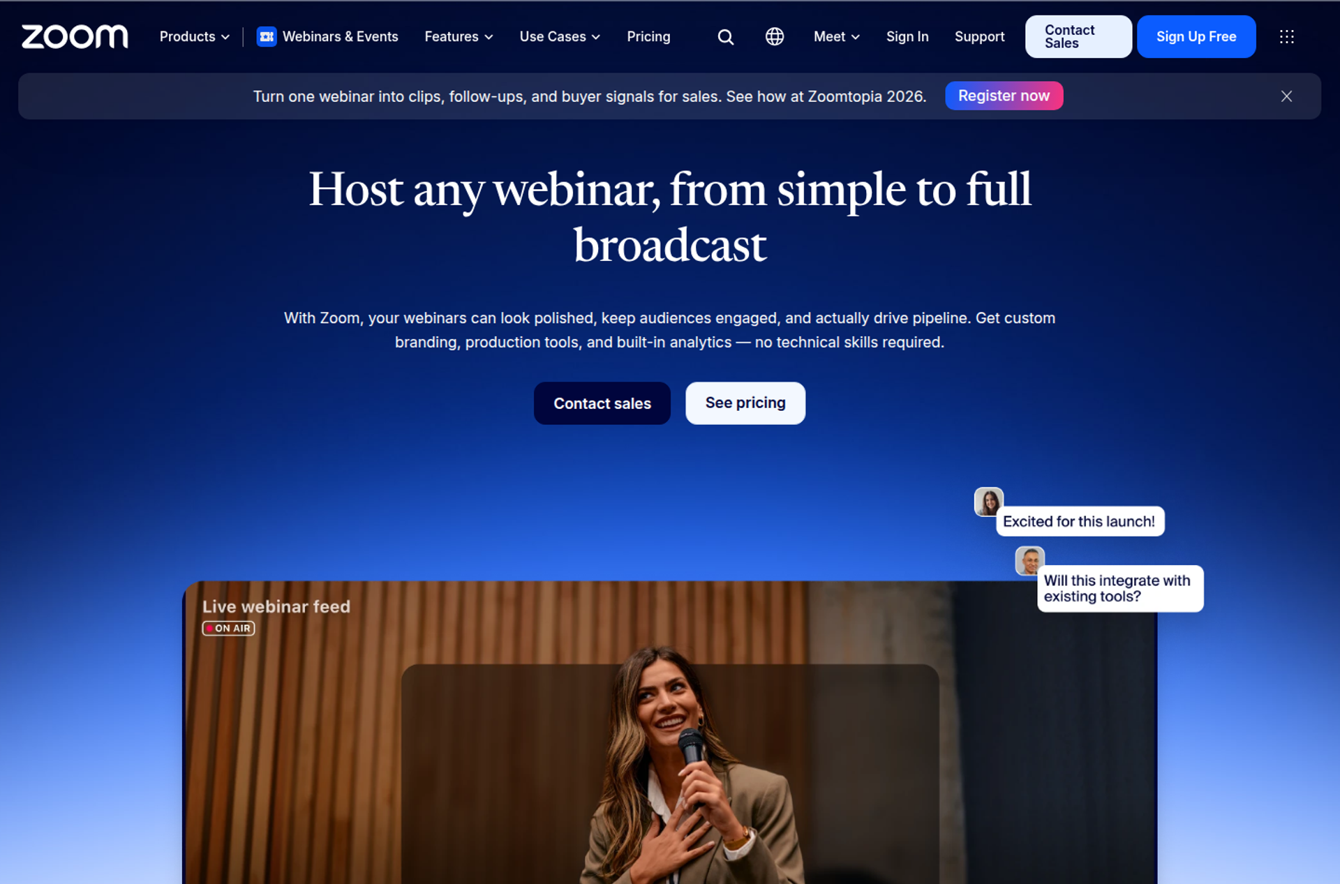 Zoom Webinars product page headline Host any webinar above a live webinar feed showing a presenter on stage