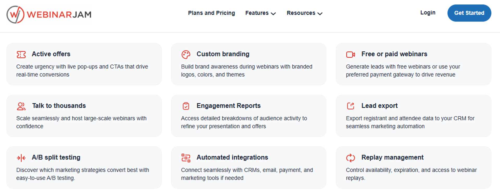 WebinarJam features including active offers, paid webinars, lead export, A/B split testing, and replay management