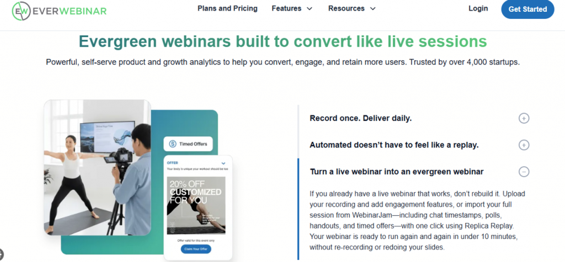 EverWebinar evergreen feature panel explaining record-once delivery and turning a live session into an automated webinar