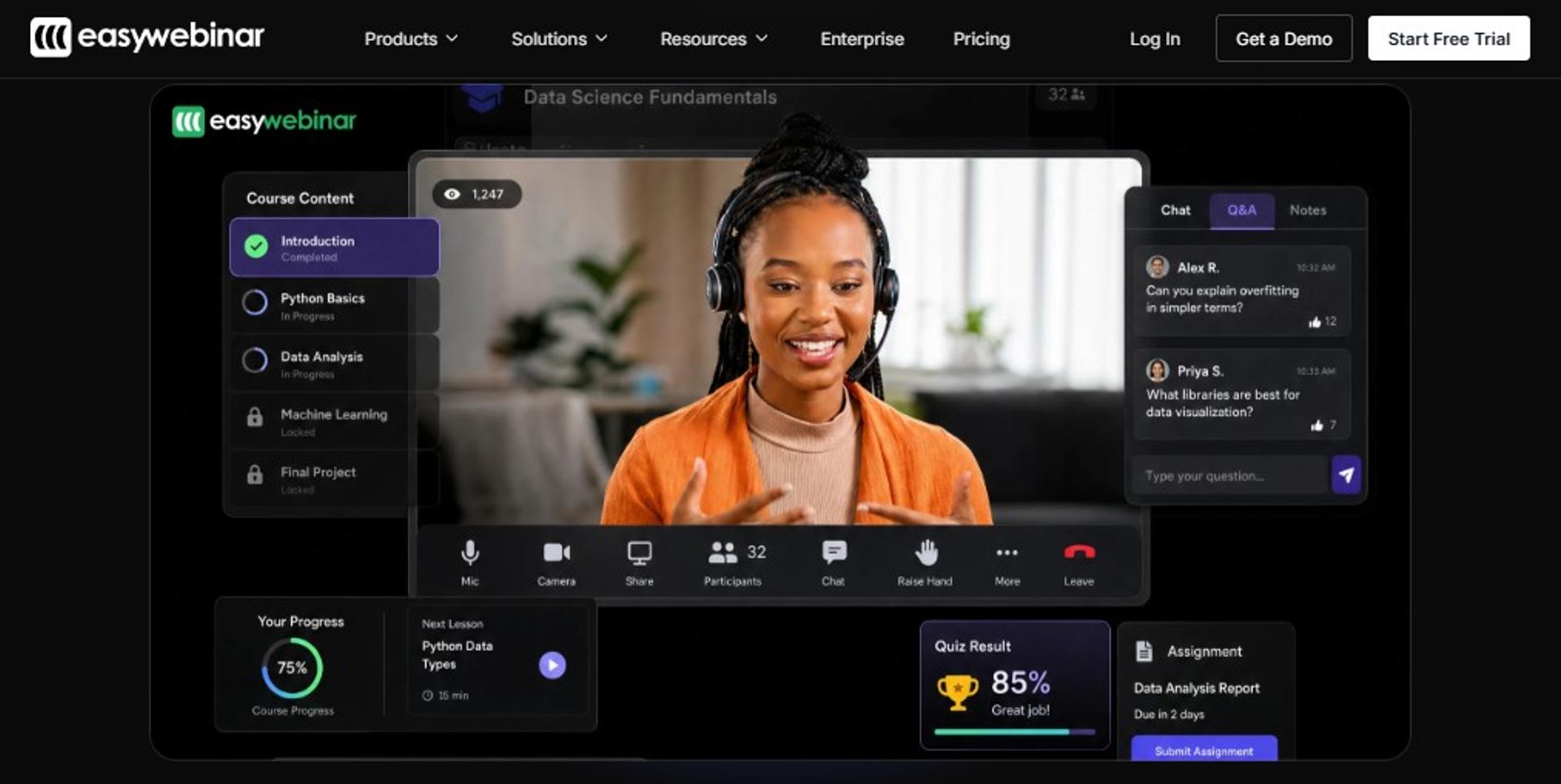 EasyWebinar live class interface with course progress, participant chat, Q&A, quiz results, and assignment panels