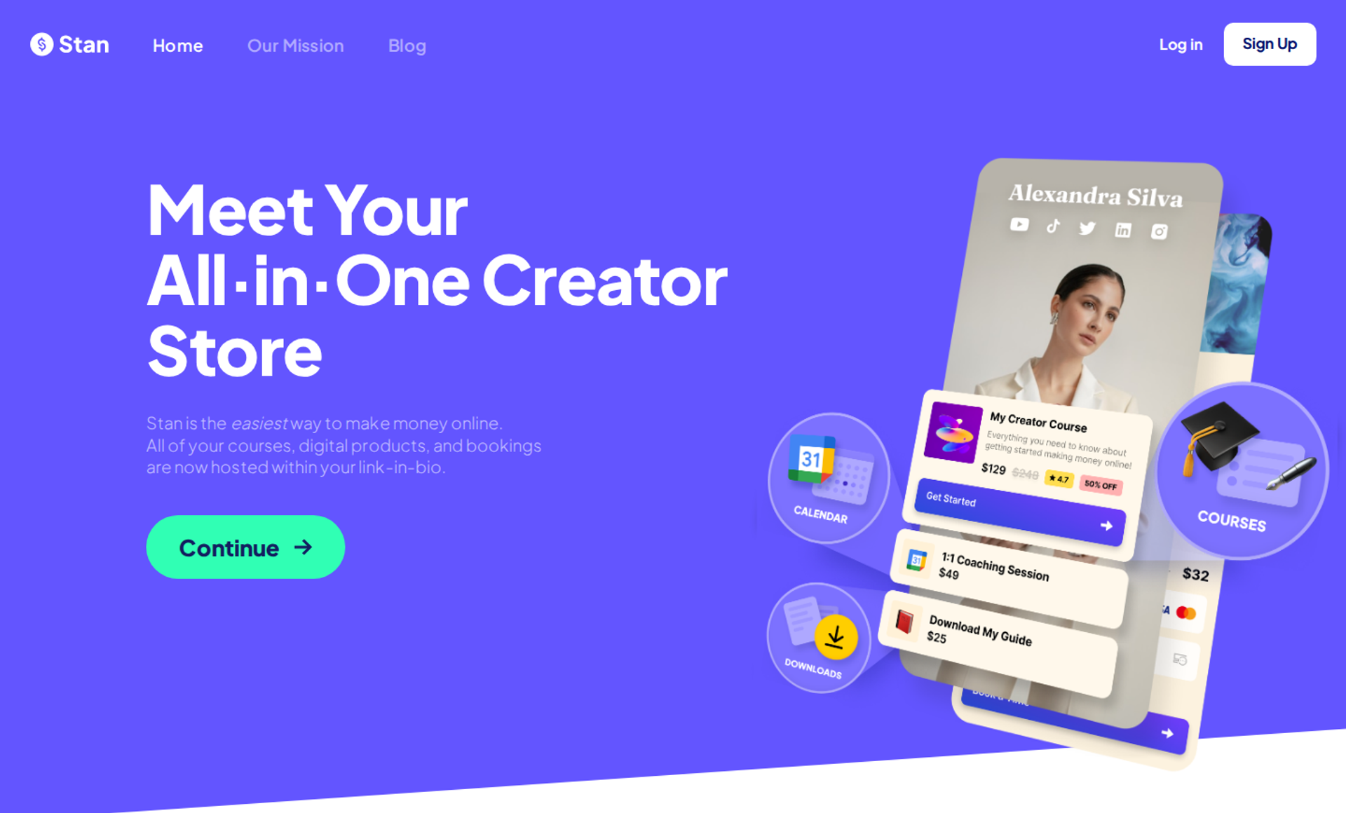 Stan Store homepage with All-in-One Creator Store headline beside a mobile storefront with courses