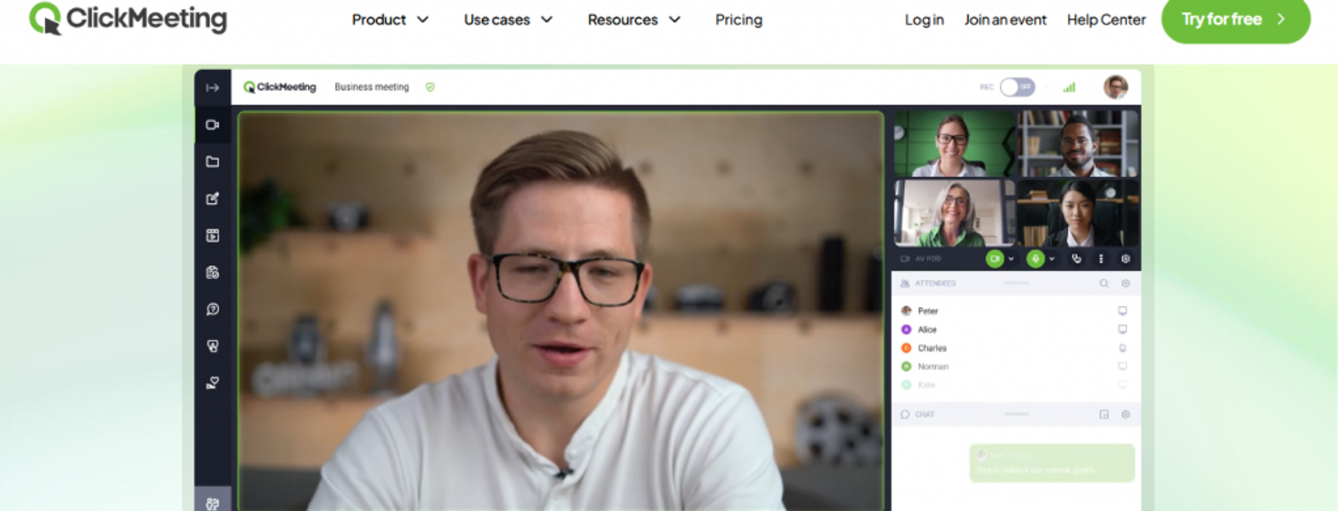 ClickMeeting live webinar interface showing presenter video, attendee panel and in-session chat