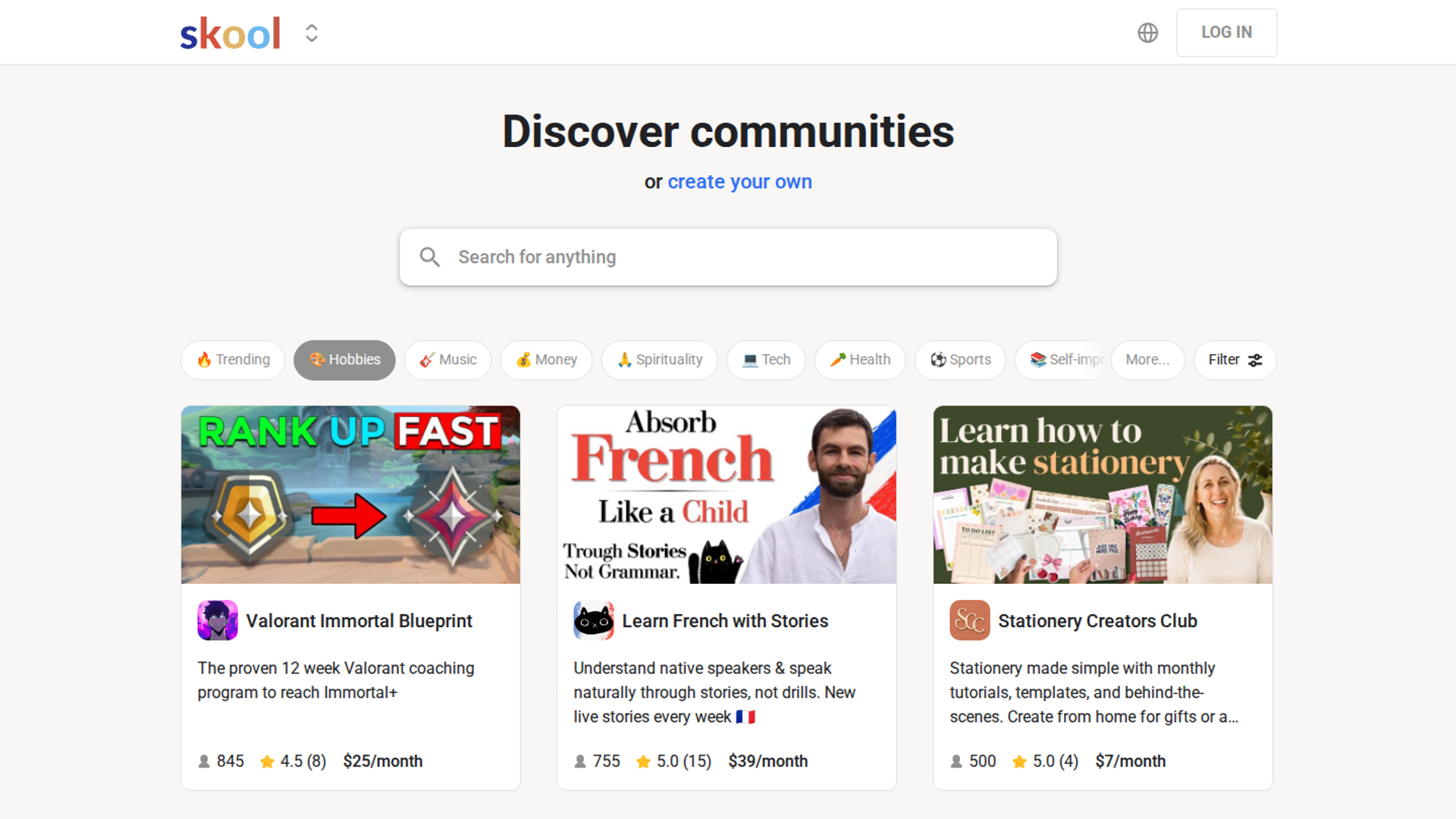 Skool Discover communities page with search bar, category tabs, and creator community cards