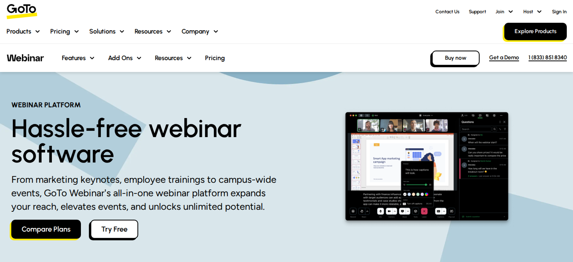 GoTo Webinar page with Hassle-free webinar software headline and webinar UI with a Questions panel