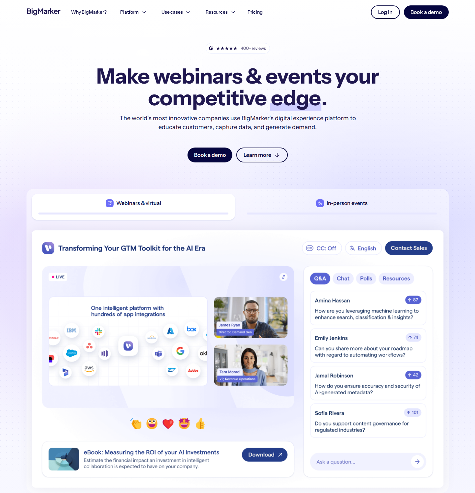 BigMarker homepage with headline and a webinar room showing Q&A, Chat, and Polls tabs with attendee questions