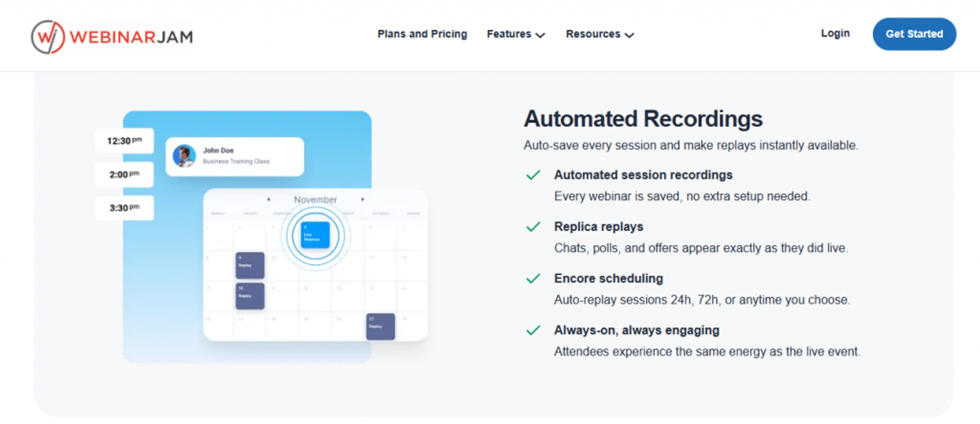 WebinarJam automated recordings screen with replica replays, encore scheduling, and always-on evergreen playback calendar