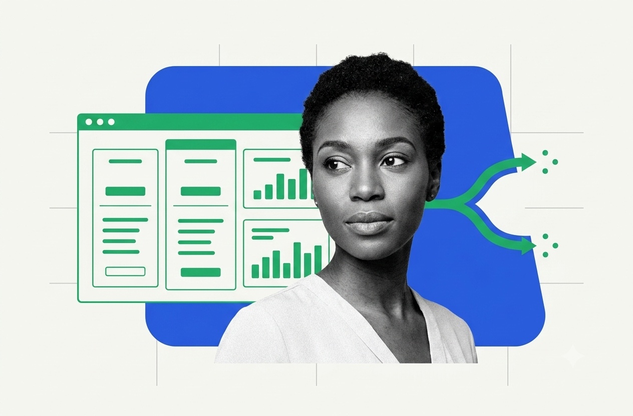 Marketing manager beside webinar registration pages and analytics with branching CRM sync arrows