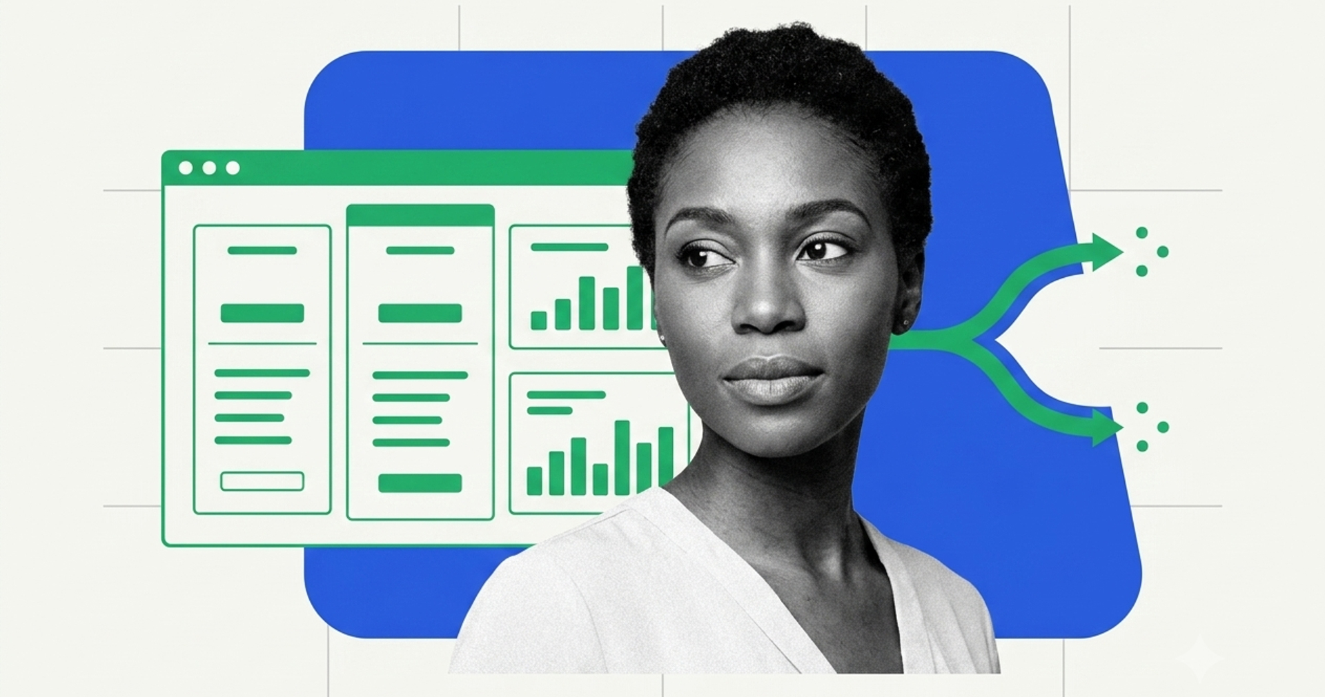 Marketing manager beside webinar registration pages and analytics with branching CRM sync arrows