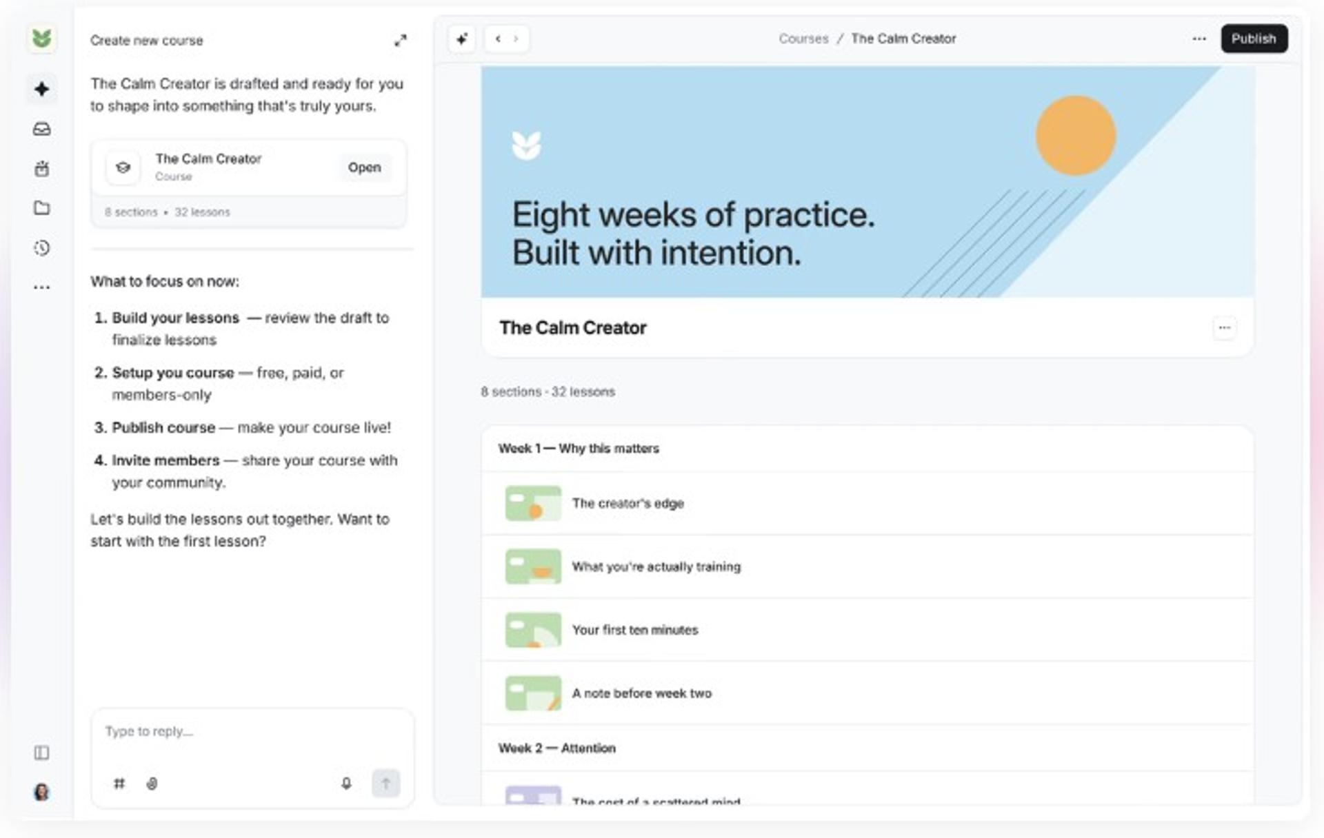 Community platform course builder with AI assistant drafting an eight-section, thirty-two-lesson cohort curriculum