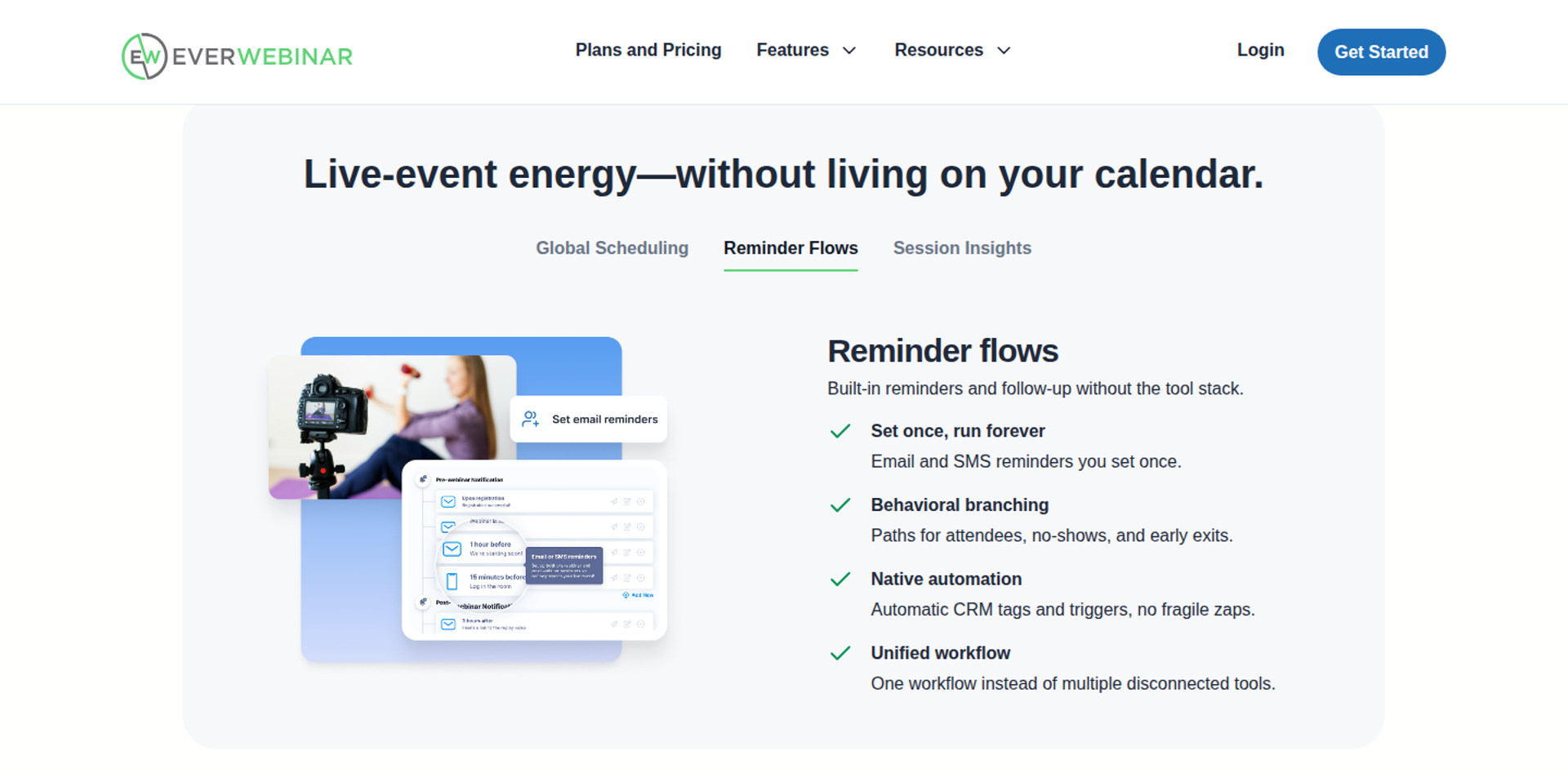 EverWebinar Reminder flows section with an email reminders interface beside a checklist of automation features