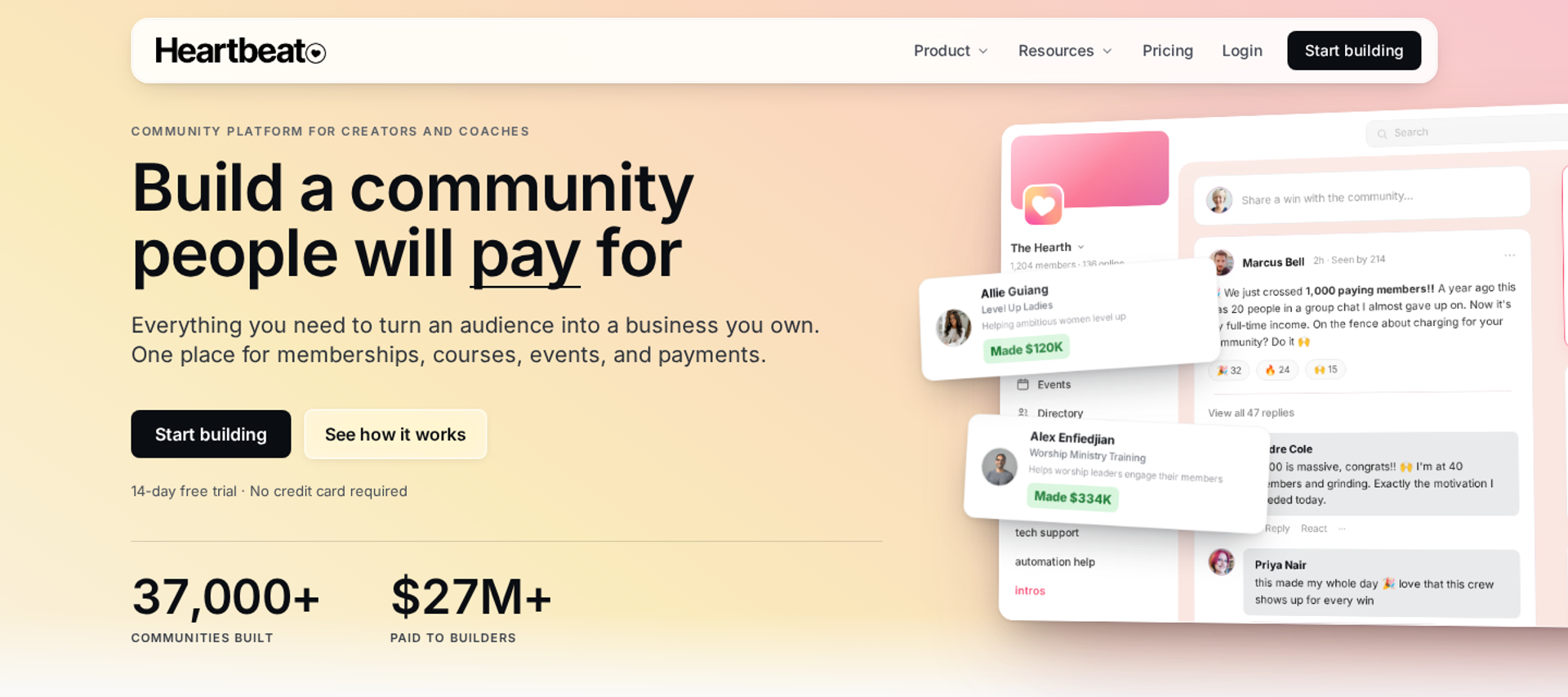 Heartbeat hero for creators and coaches beside community feed cards showing member earnings