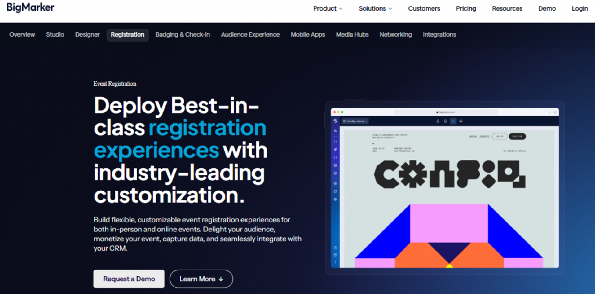 BigMarker event registration builder showing customizable registration page design for in-person and online webinar events