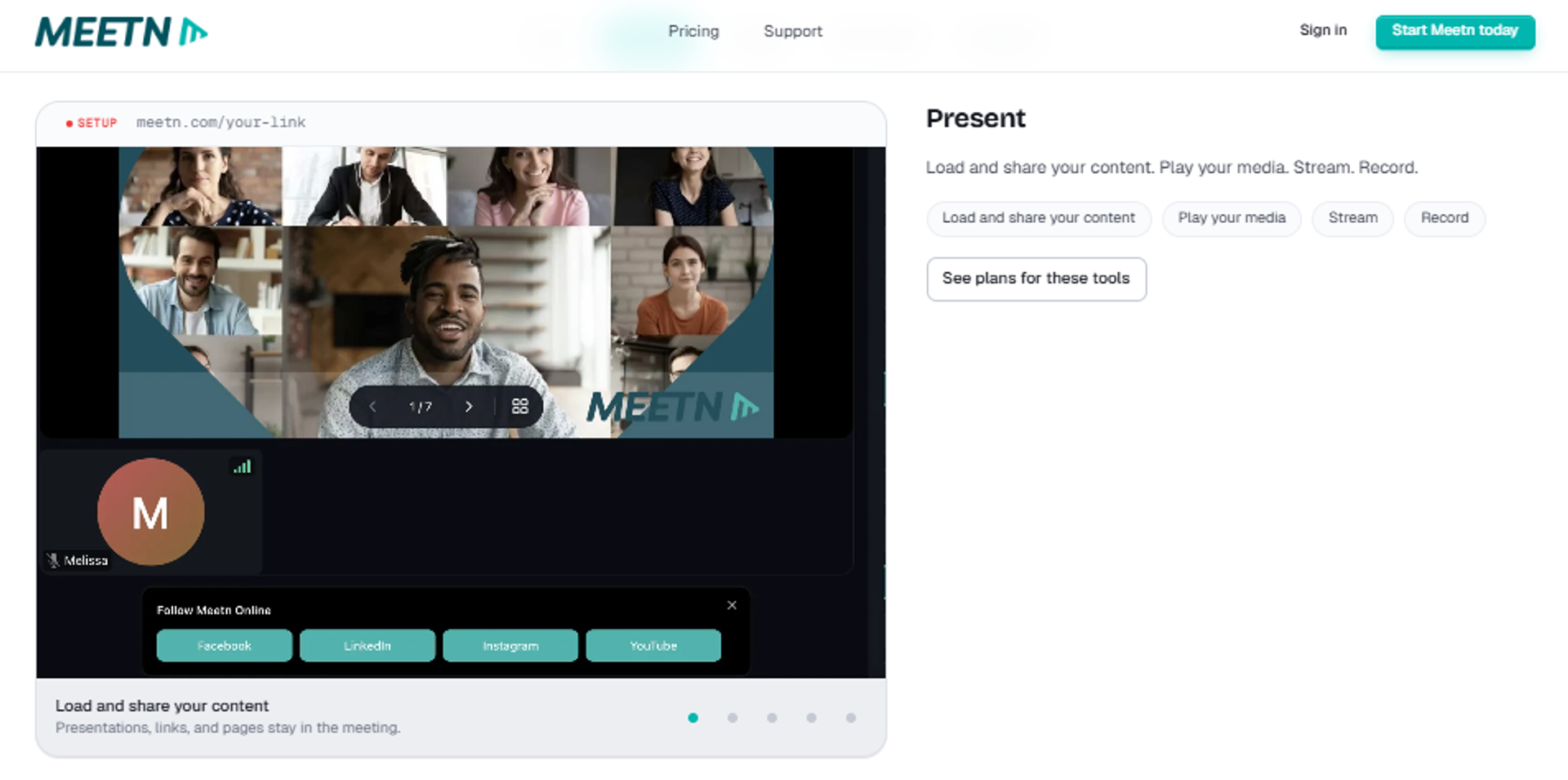 meetn virtual training platform showing presenter view, participant video tiles, screen sharing, and social streaming