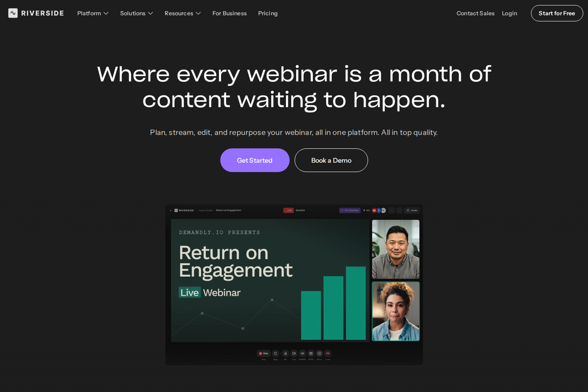 Riverside webinar page with the headline about a month of content above a live webinar recording interface
