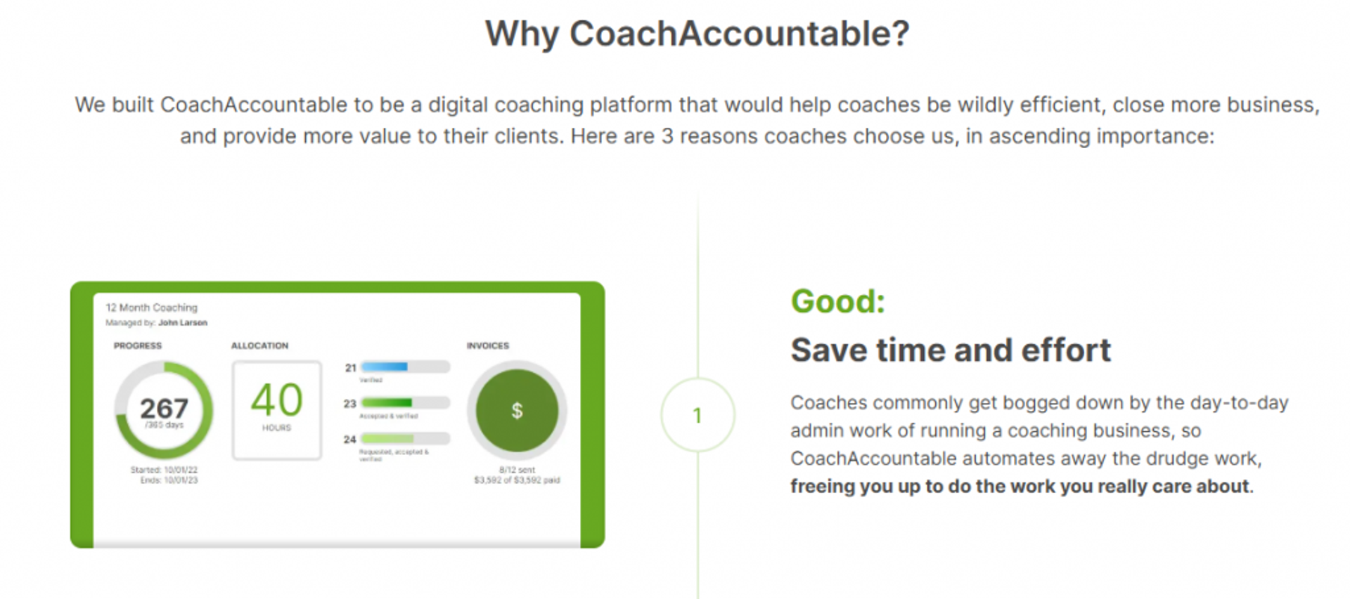 CoachAccountable dashboard tracking client progress, hours, and invoices for a twelve-month coaching engagement
