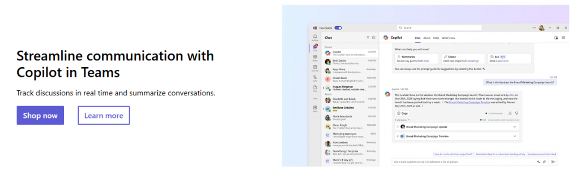 Microsoft Teams interface featuring Copilot summarizing conversations for streamlined internal communication