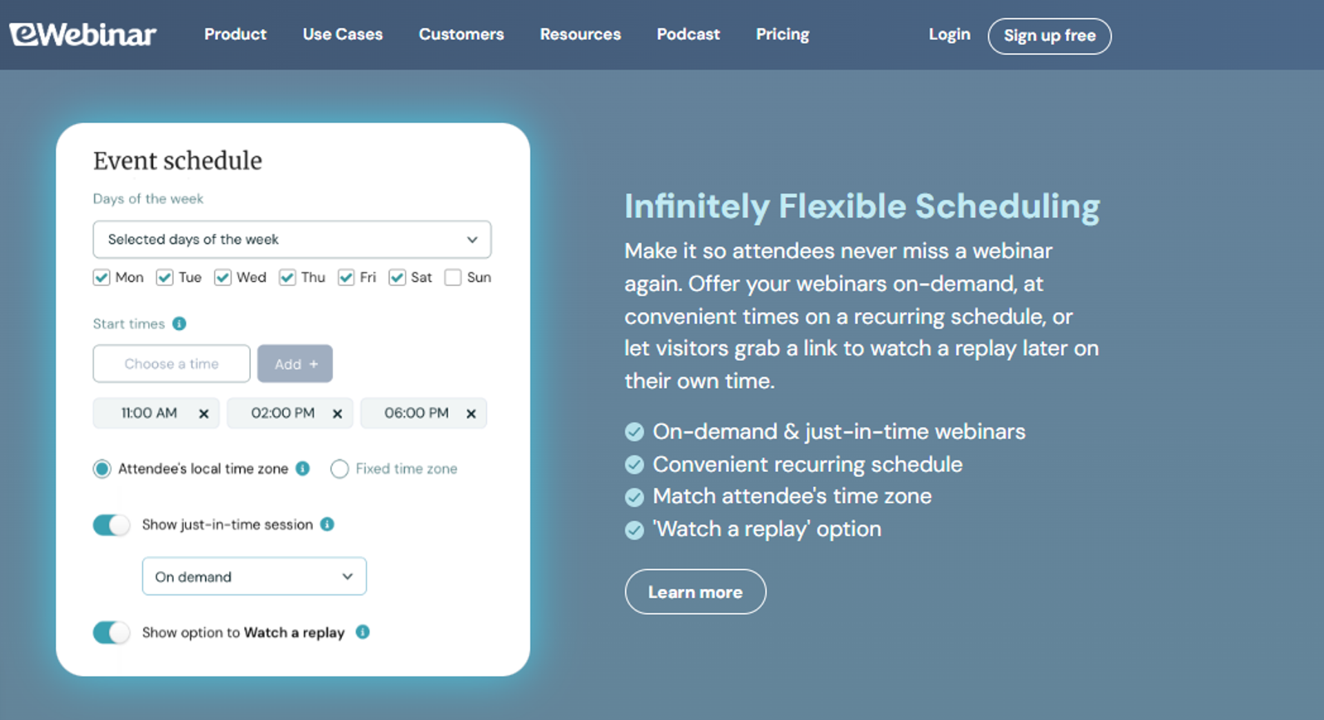 eWebinar event schedule interface with flexible start times and replay options