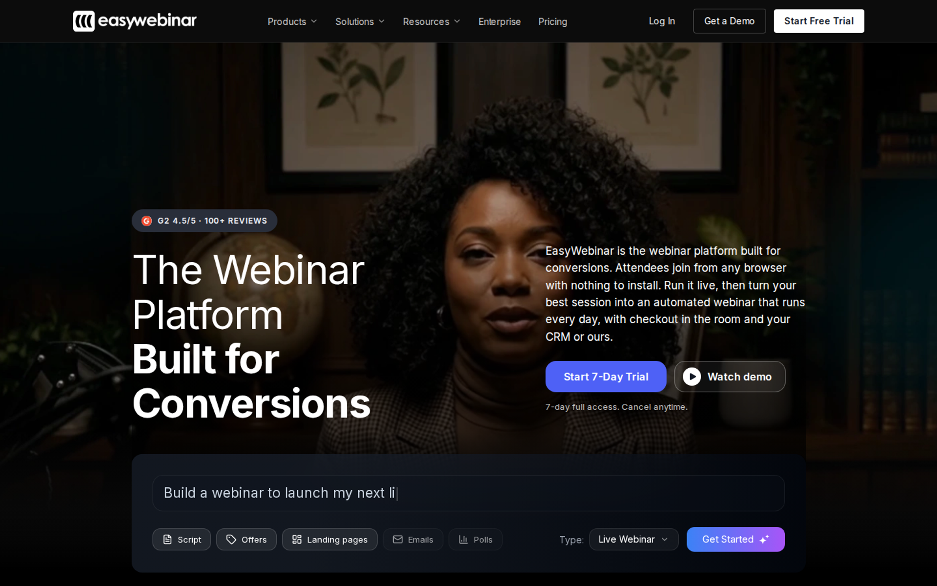 EasyWebinar homepage hero with headline "The Webinar Platform Built for Conversions", trial button, and AI webinar builder prompt